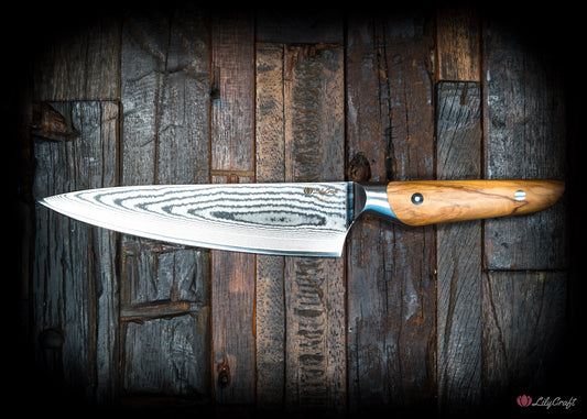 Japanese Damascus chef’s knife with olive wood handle
