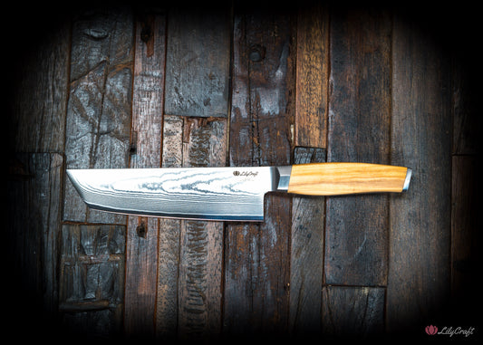 Nakiri vegetable knife with Damascus blade and wood handle