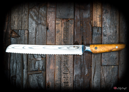 Japanese Damascus bread knife with olive wood handle