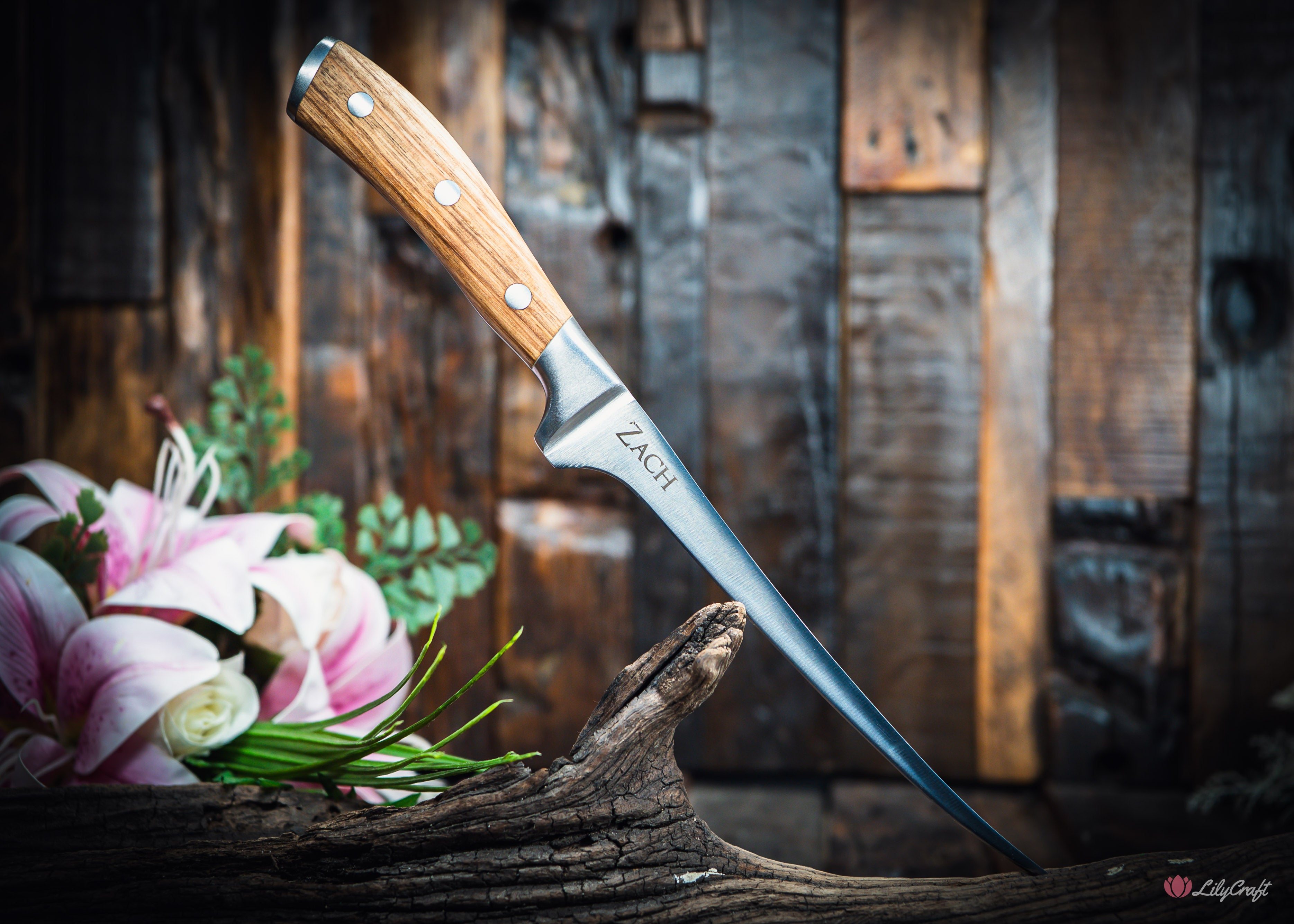 Complete filleting knife set including zebra wood knife custom wooden box and sheath