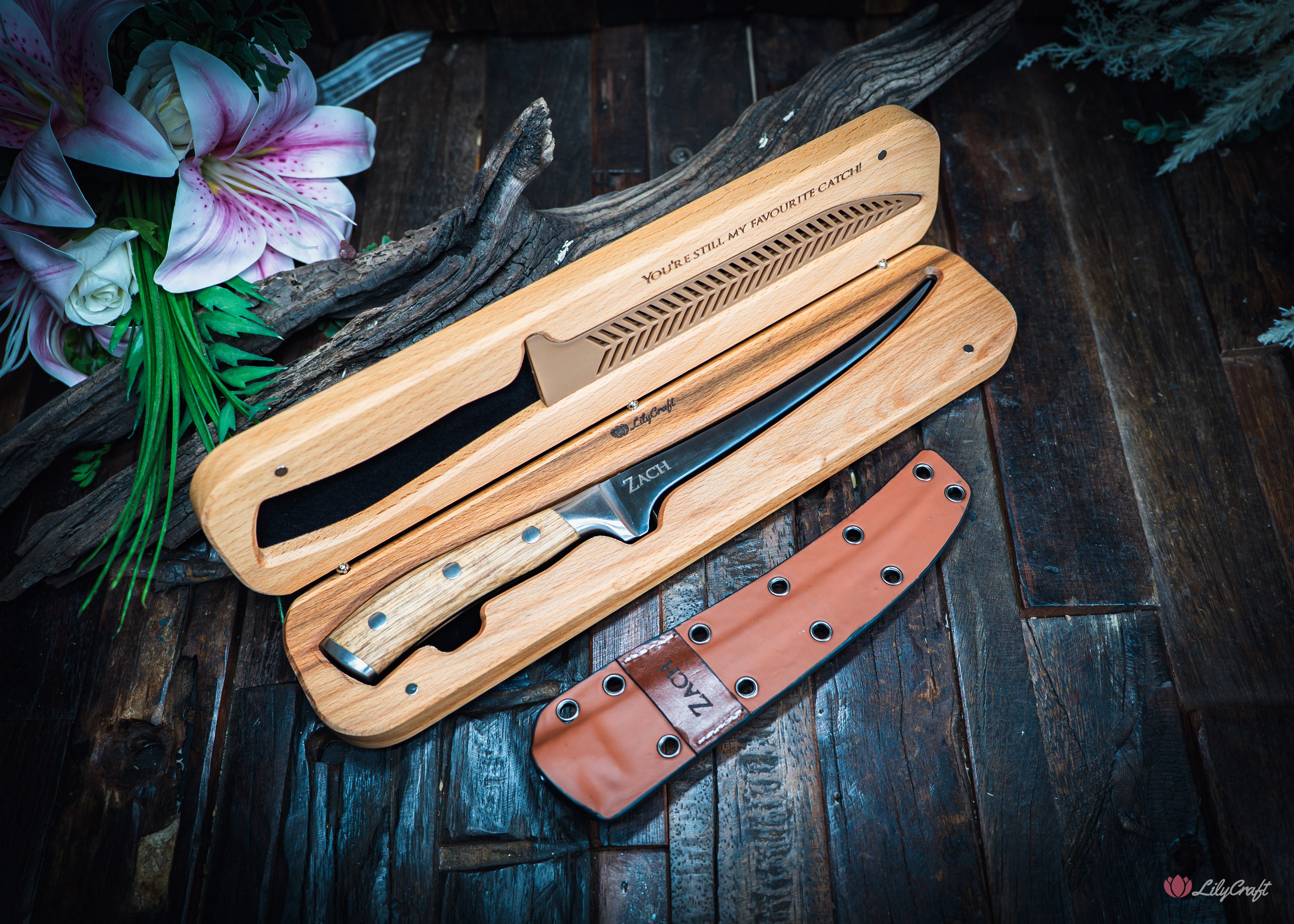 Unique fishing gift idea personalised flexible fillet knife in custom wooden box
