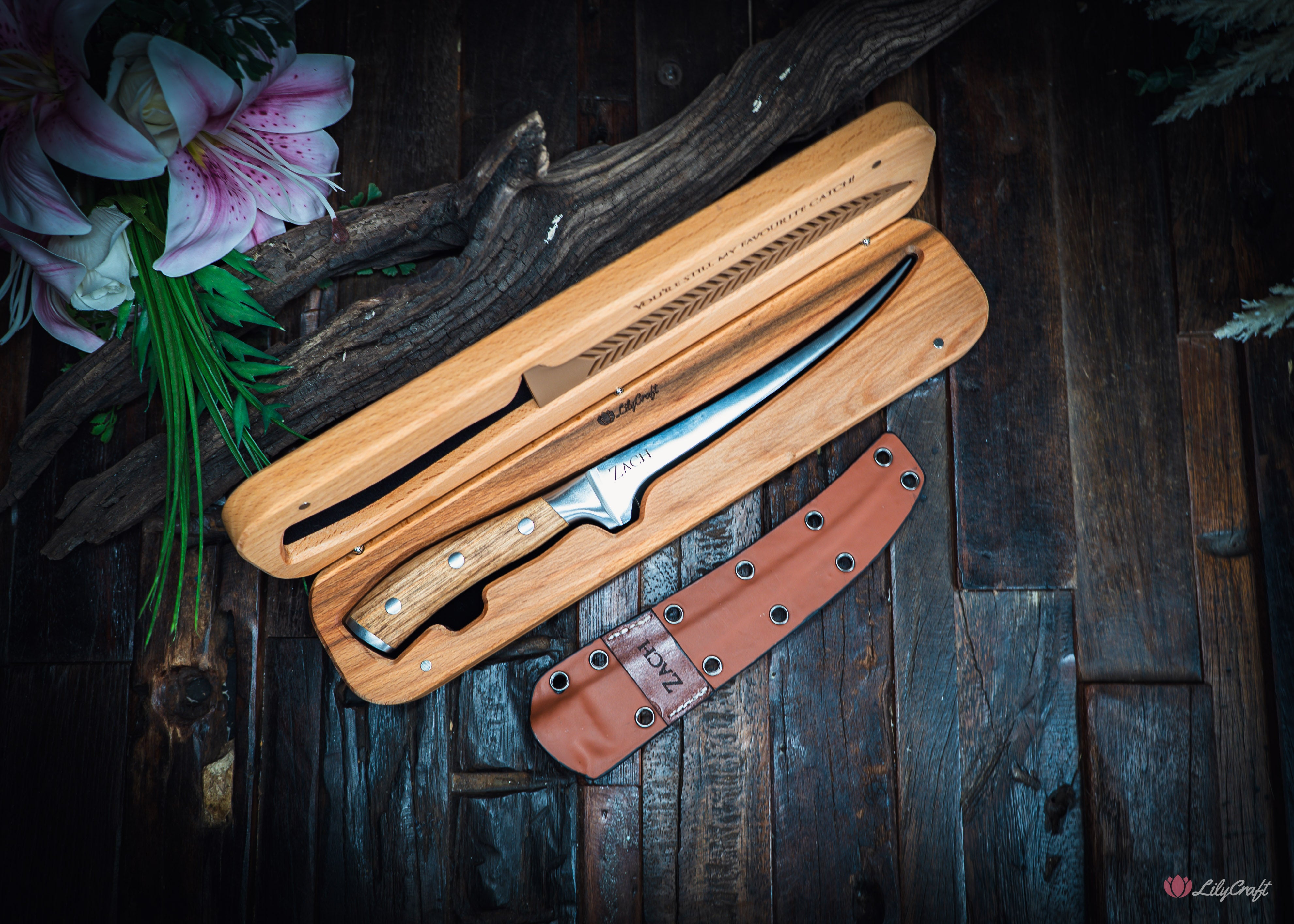 Personalised flexible fish filleting knife with engraved zebra wood handle gift for husband