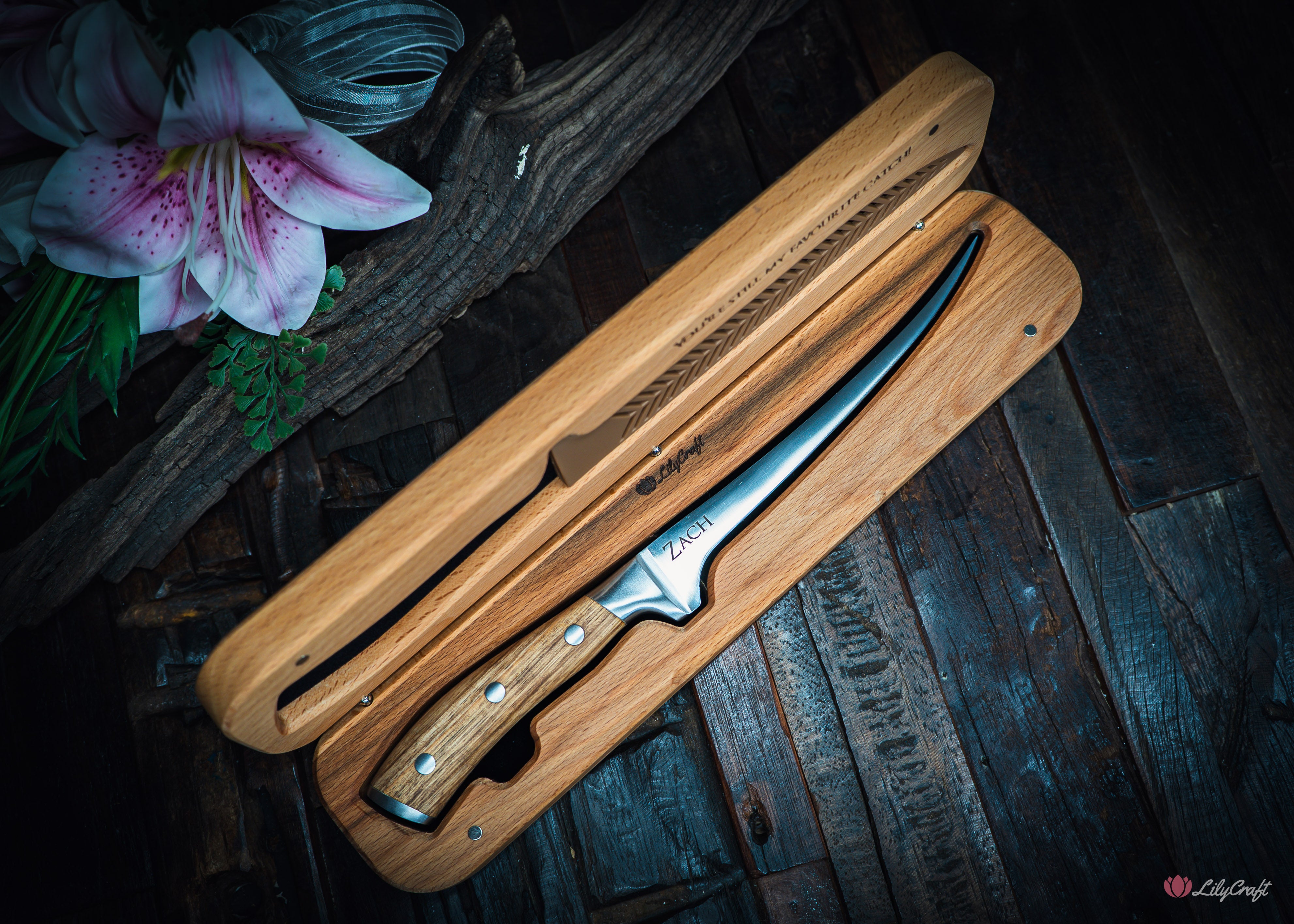 Custom fishing gift for men flexible zebra wood filleting knife and sheath set