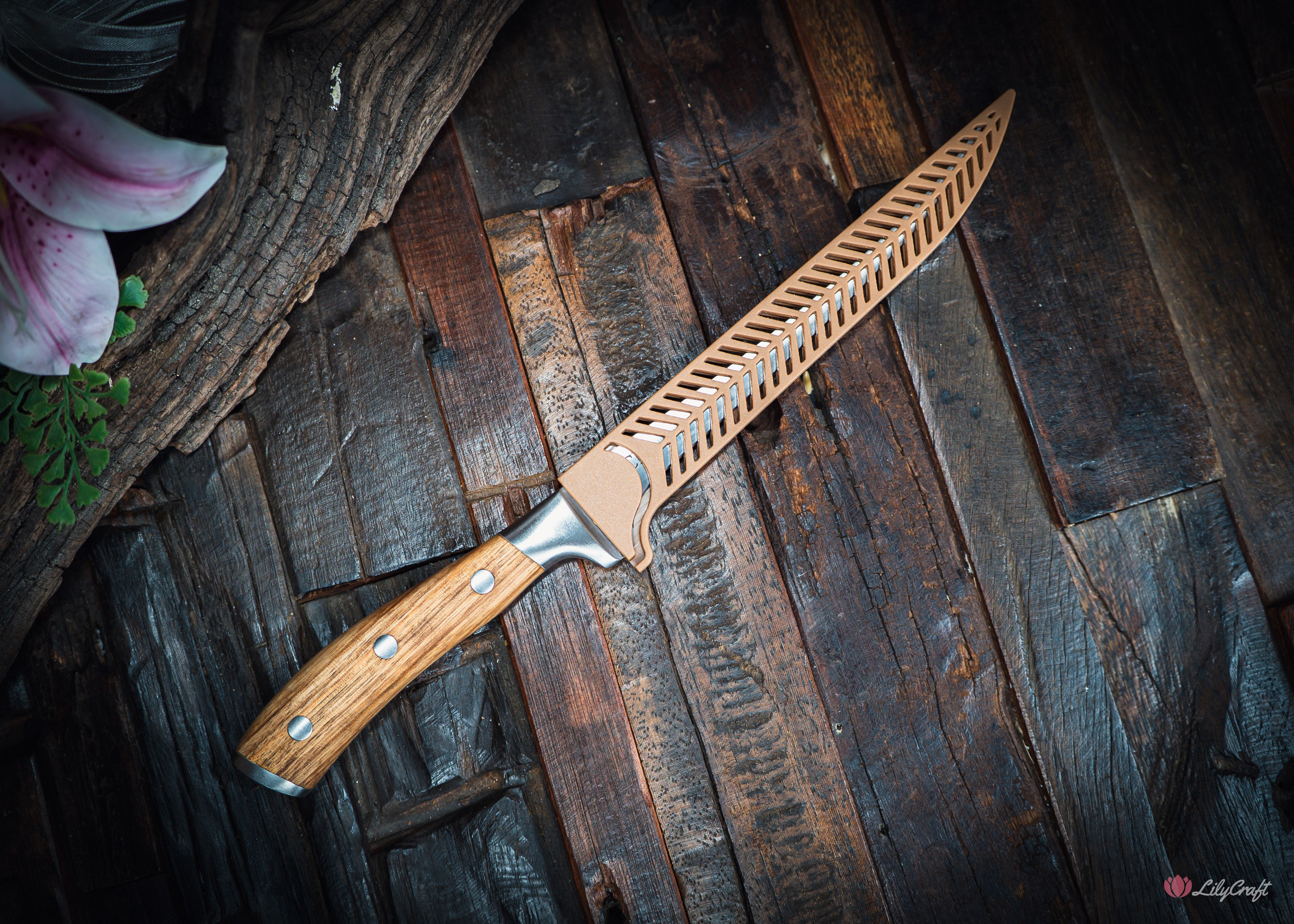 Flexible zebra wood filleting knife for skinning flathead and cleaning catch
