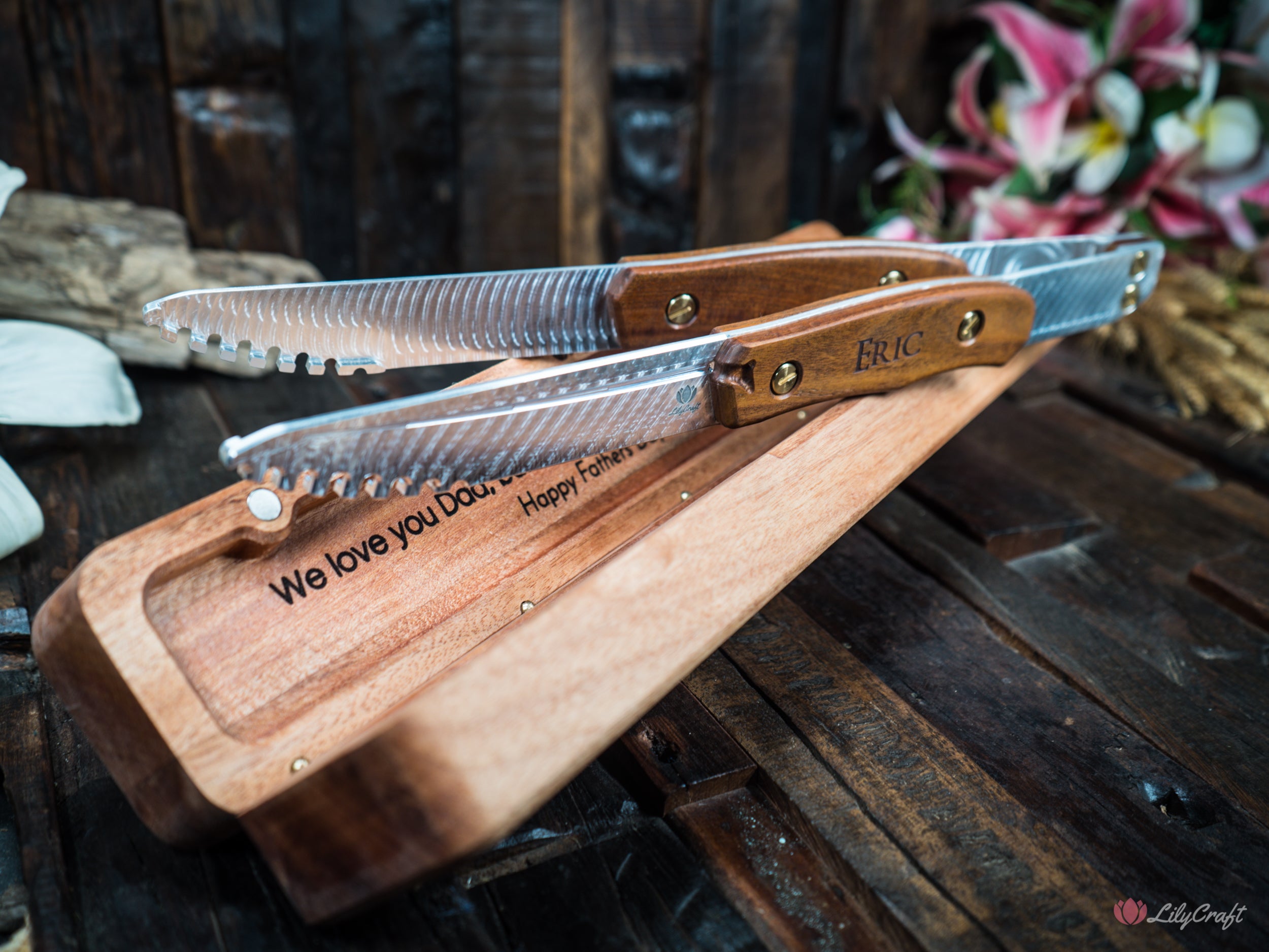 A unique and personalised BBQ tool set with custom tongs and gift case for Dad.