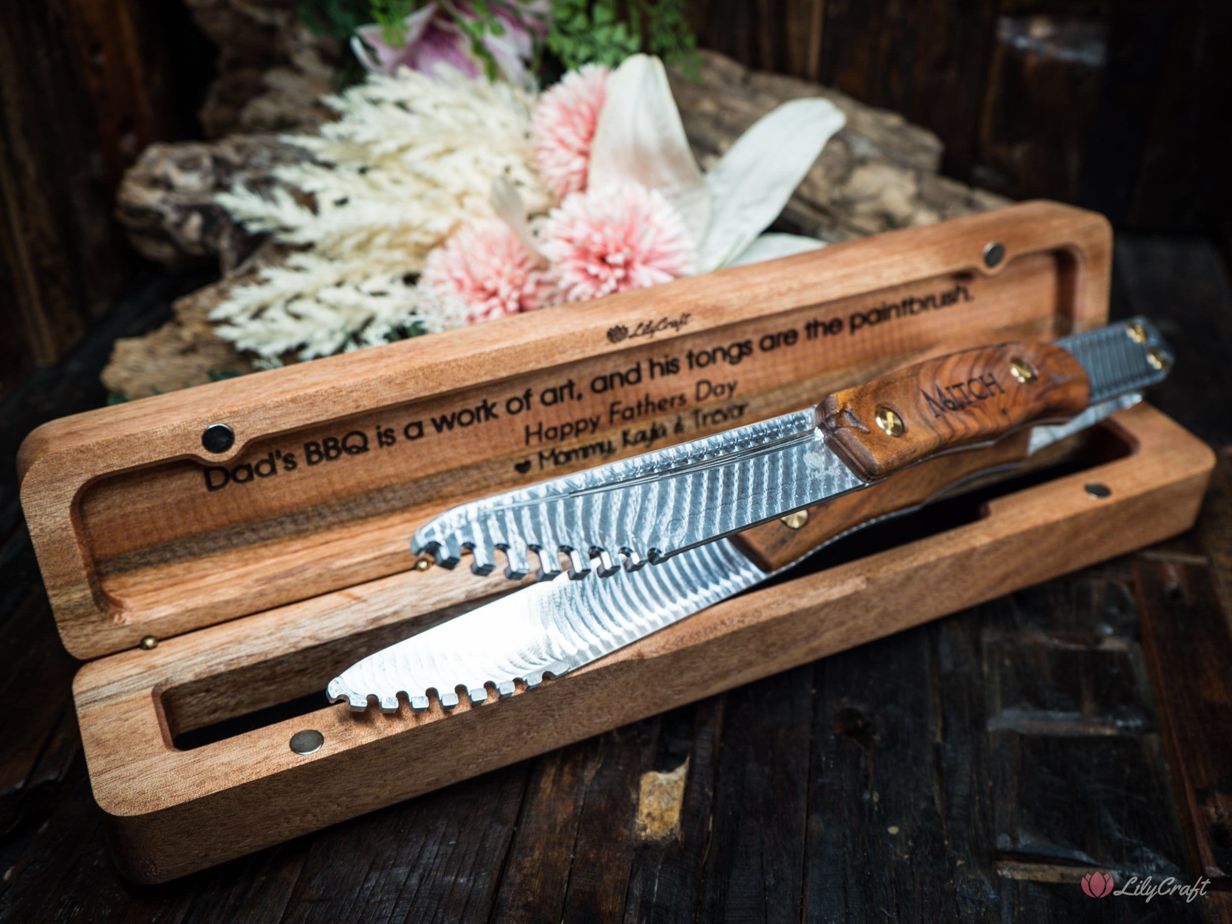 Engraved BBQ tool set with custom tongs and gift case - the ultimate gift for Dad.