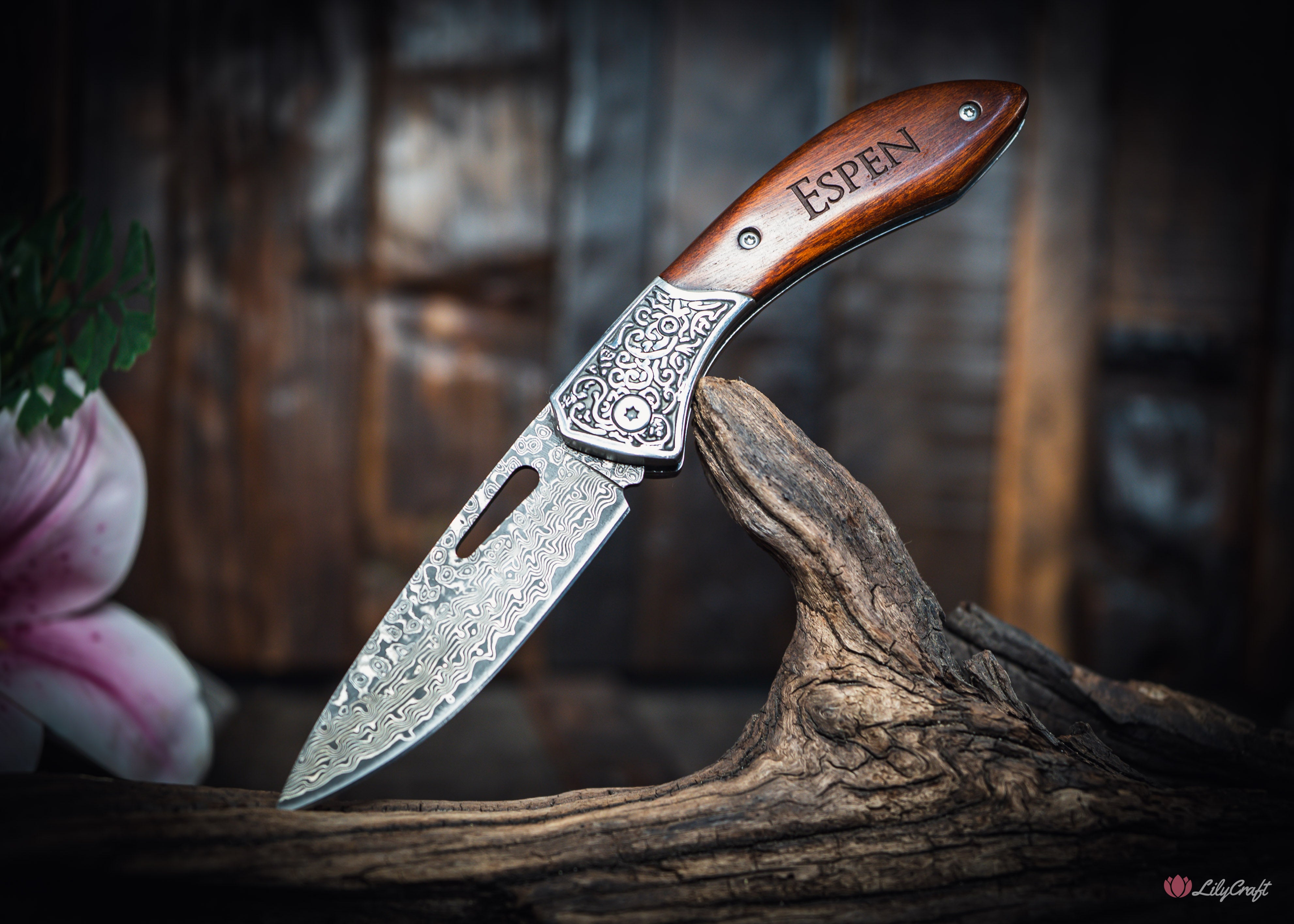 Damascus steel pocket knife in custom wooden gift box