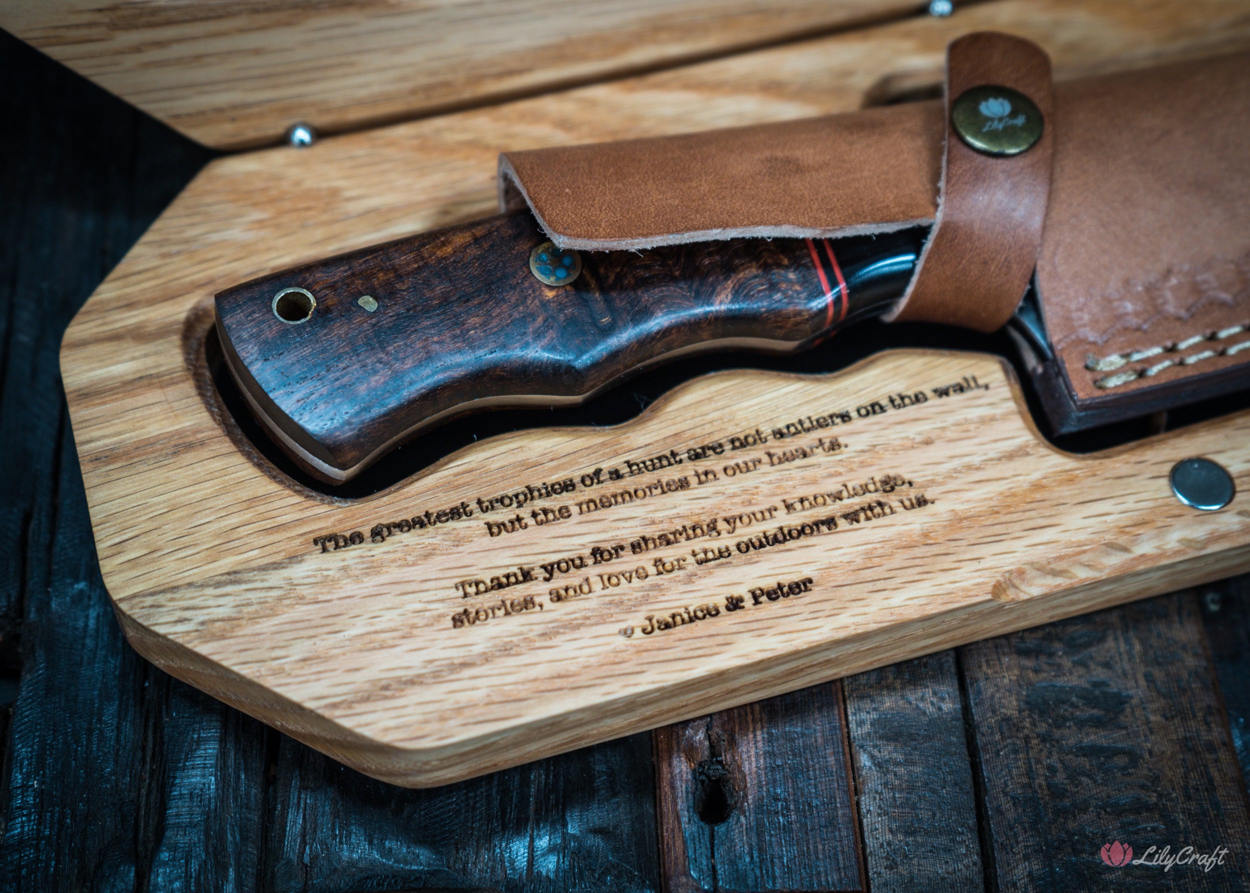 Custom Engraving on Damascus Hunting Knife with wooden handle