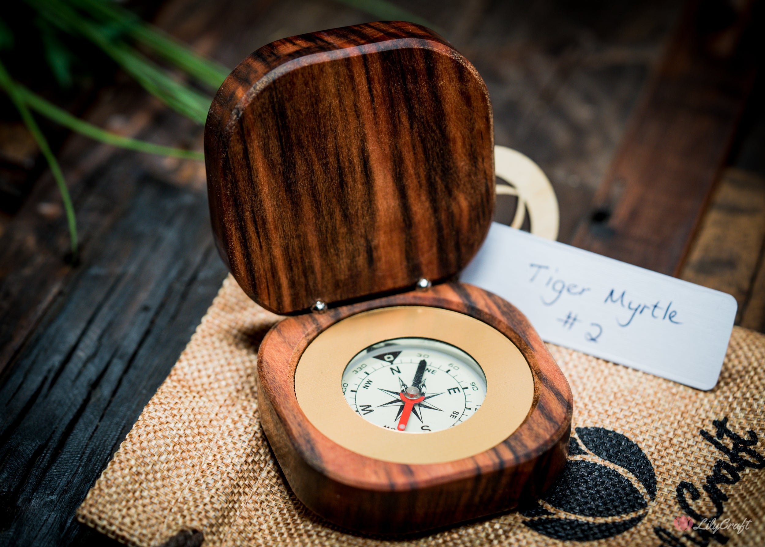 Handcrafted wooden compass with Tiger Myrtle wood