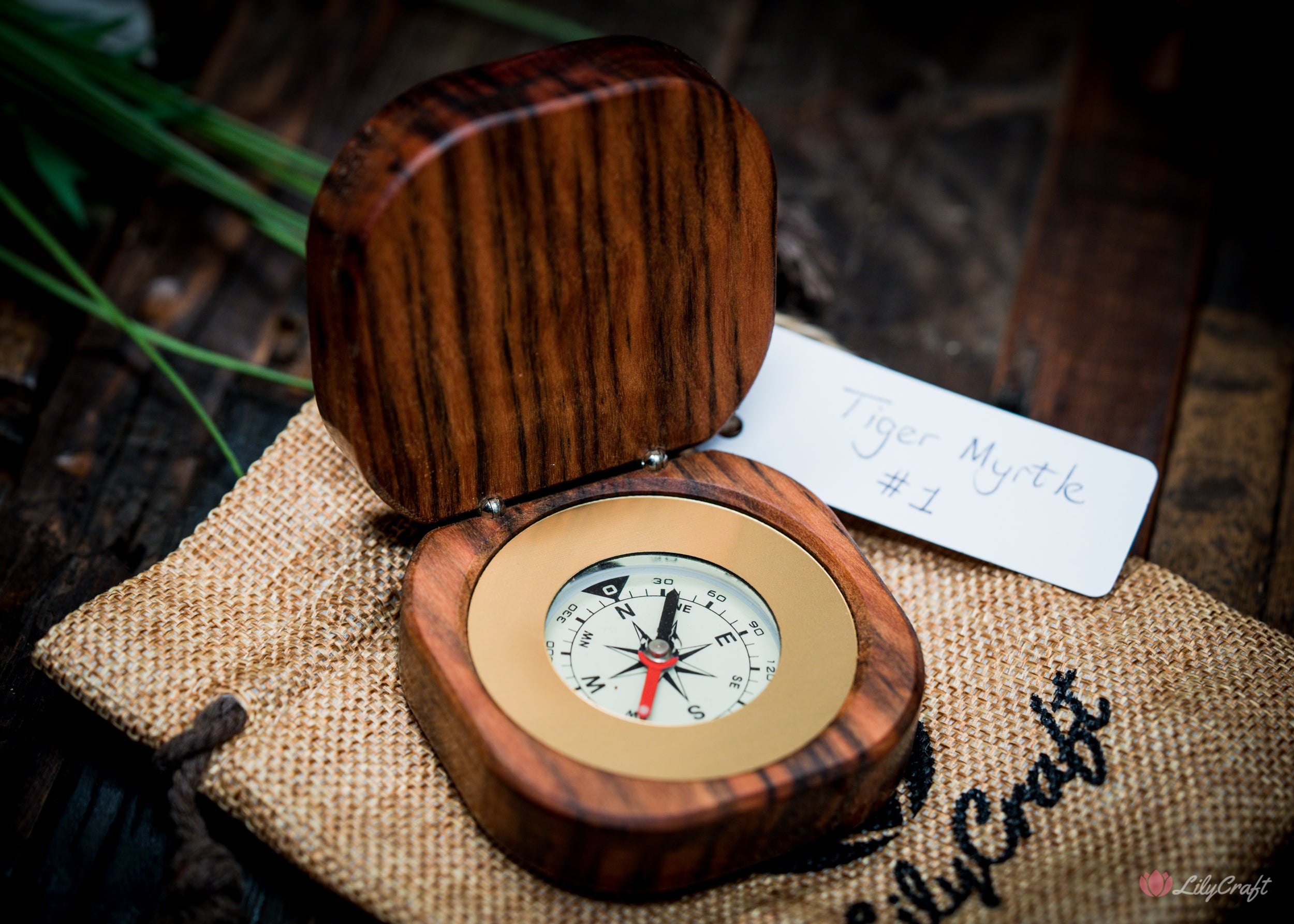 Compass resting on a wooden surface, ready for exploration.