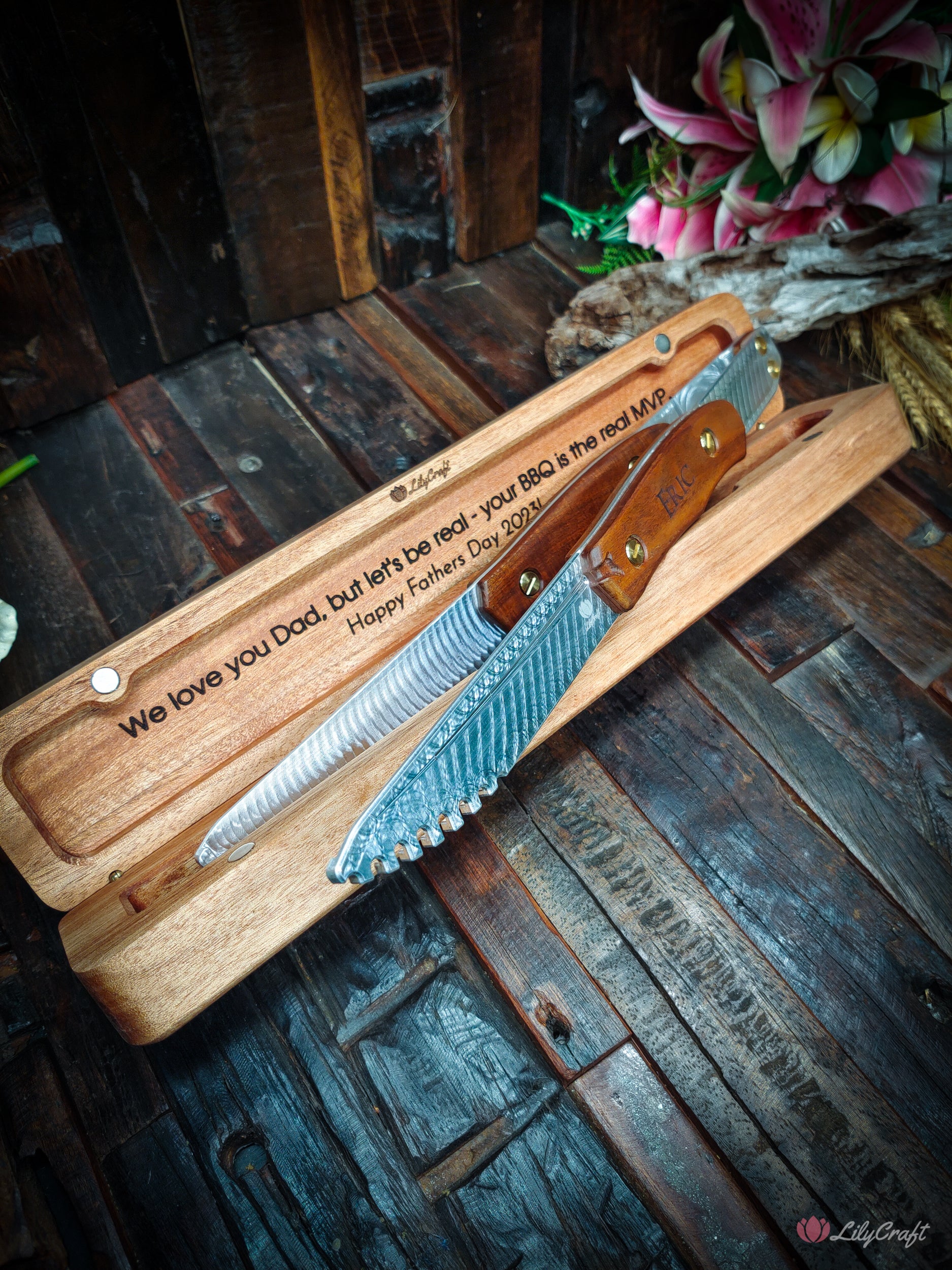 Customised BBQ tool set for Dad - custom engraved tongs with gift case included.