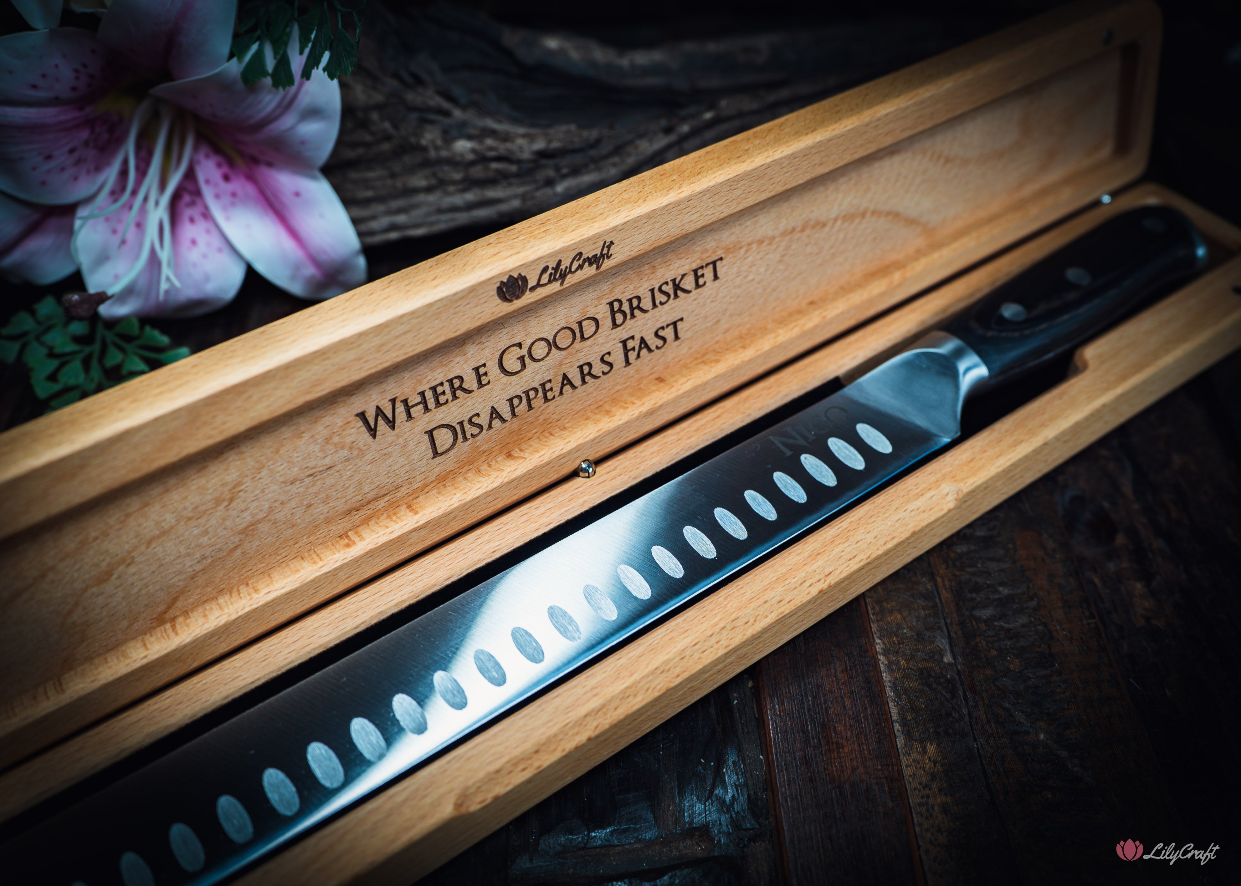 Engraved pitmaster knife gift with dark wood handle and non stick blade