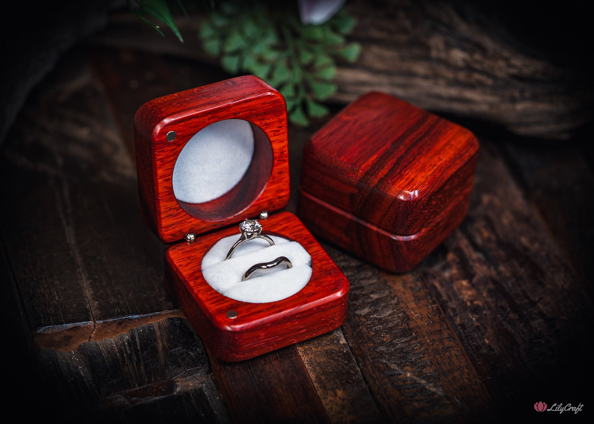 wooden wedding ring box with two ring slots personalised