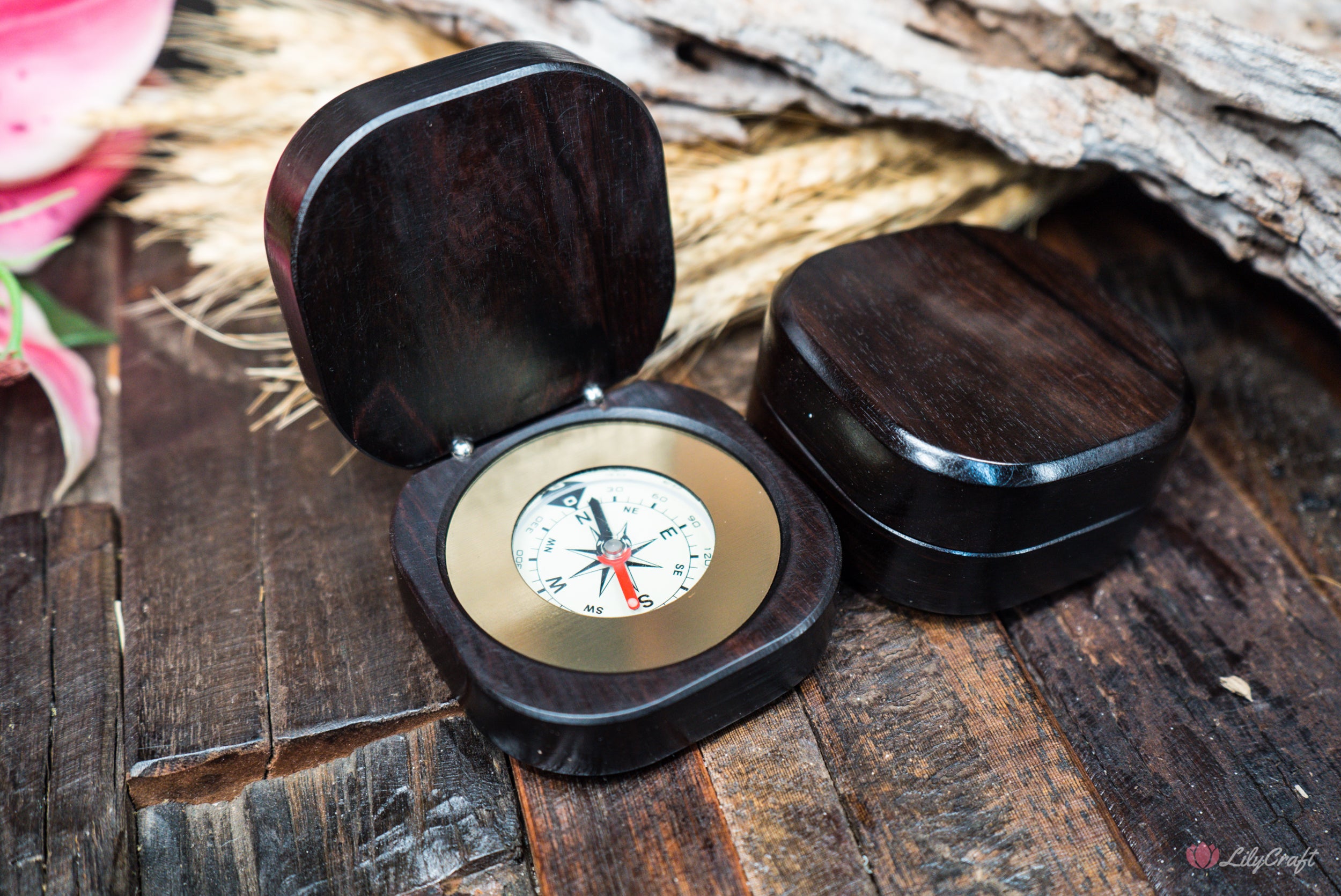 Personalised wooden compass with unique engraving made from ebony
