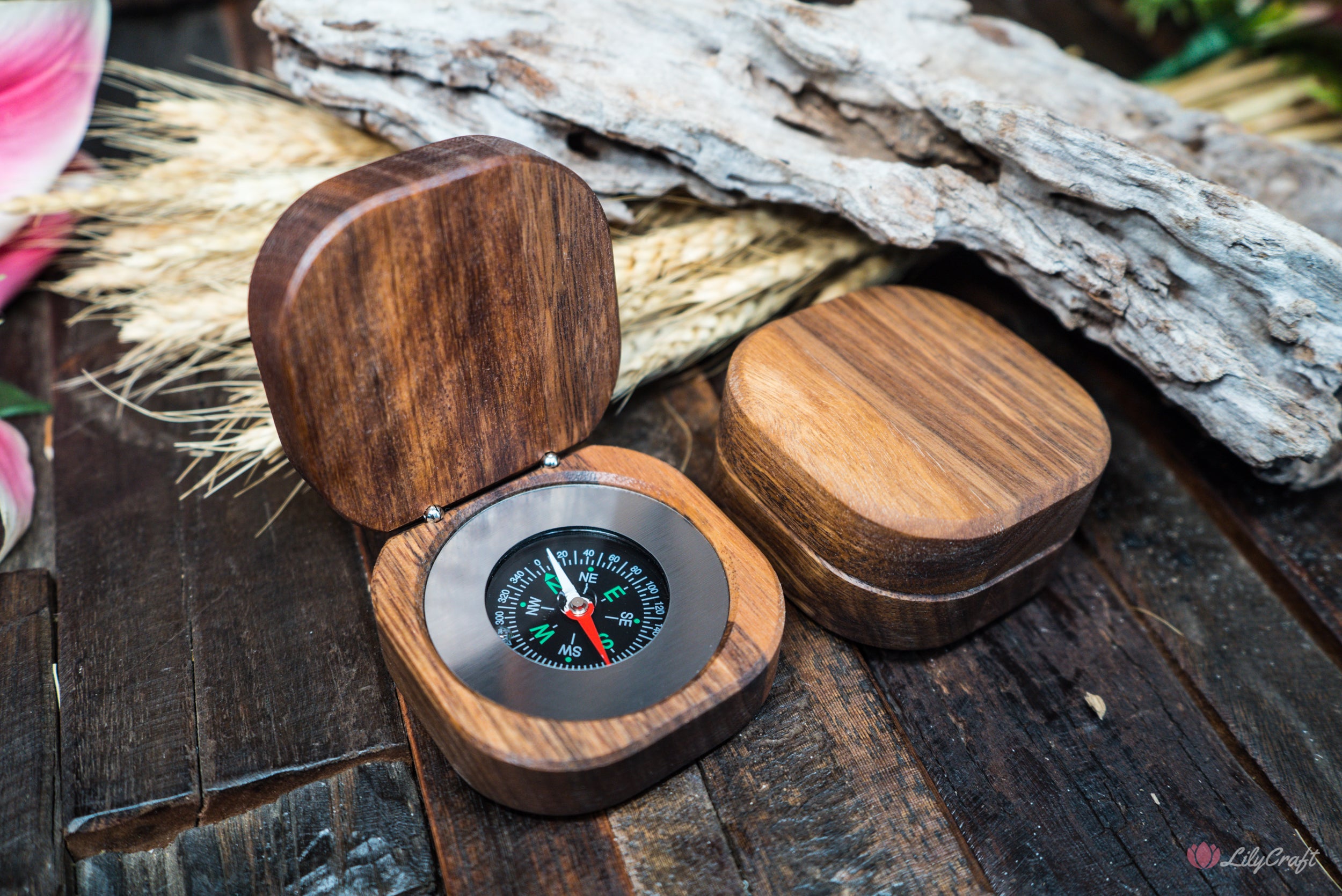 Engraved wooden compass for a farewell celebration spotted gum wood
