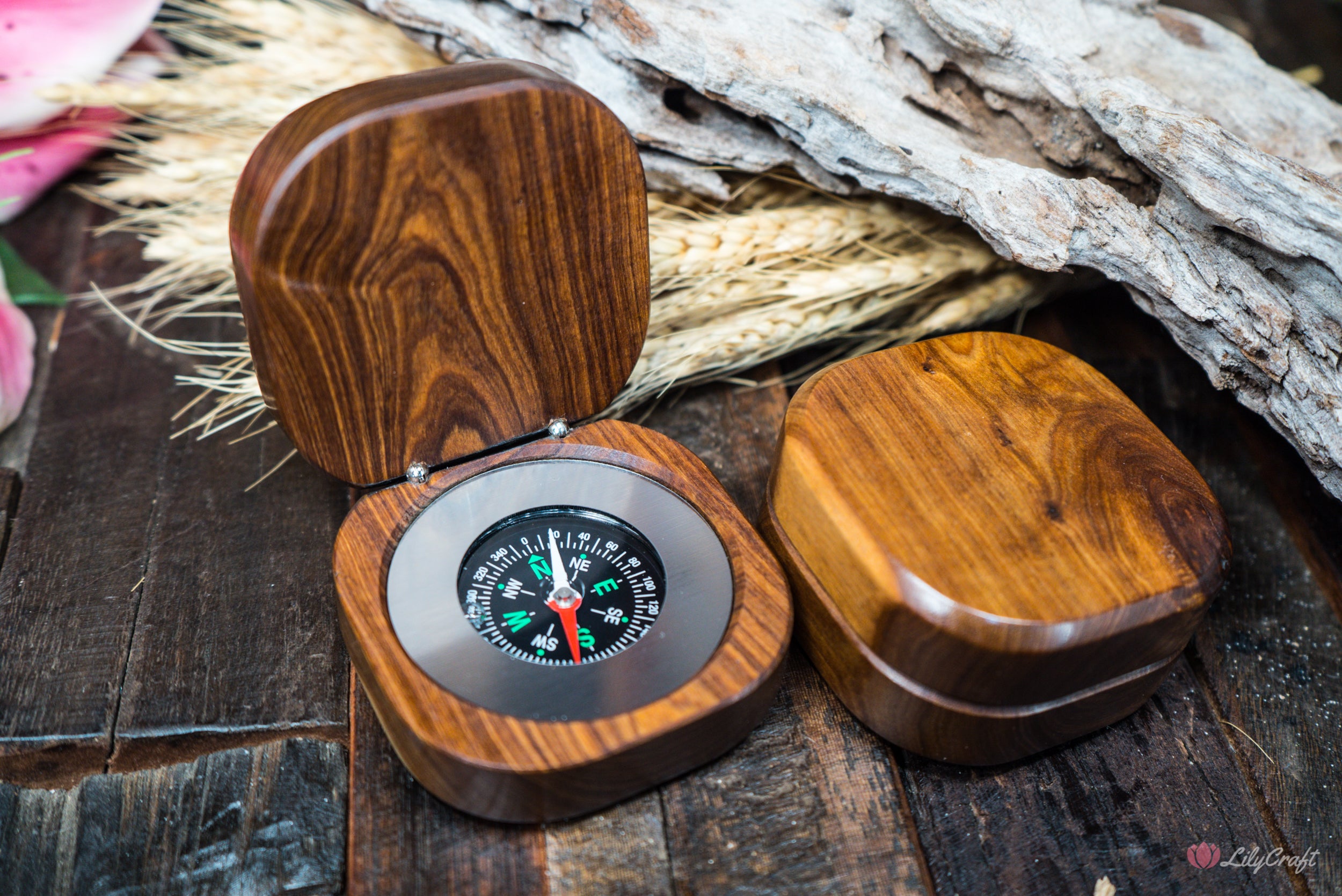 Personalised wooden compass for graduates made from sandalwood