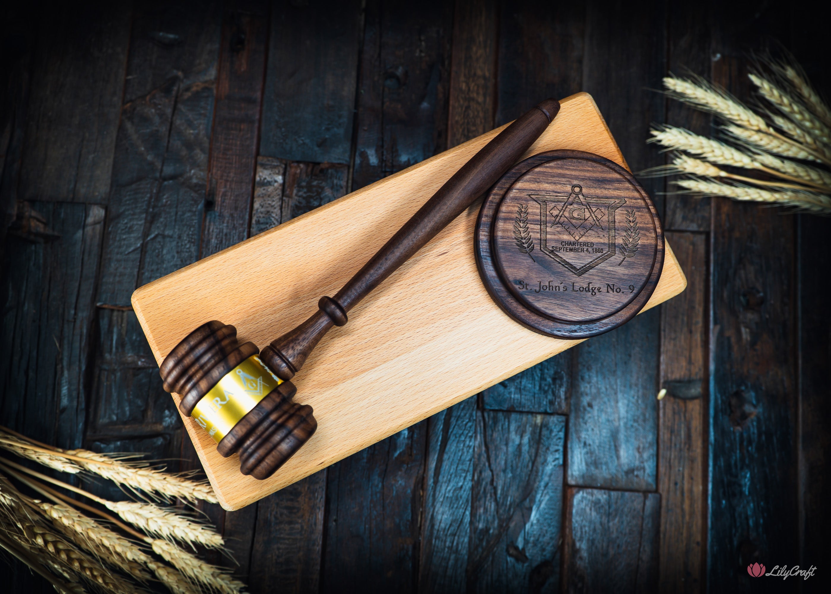 Engraved Masonic gavel and sound block set in wooden box