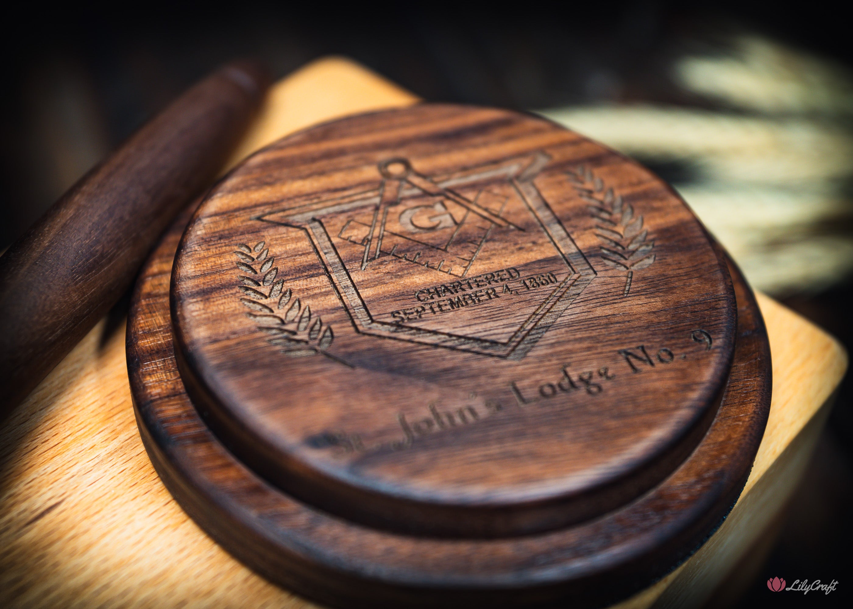 Personalised wooden Masonic gavel with engraved band