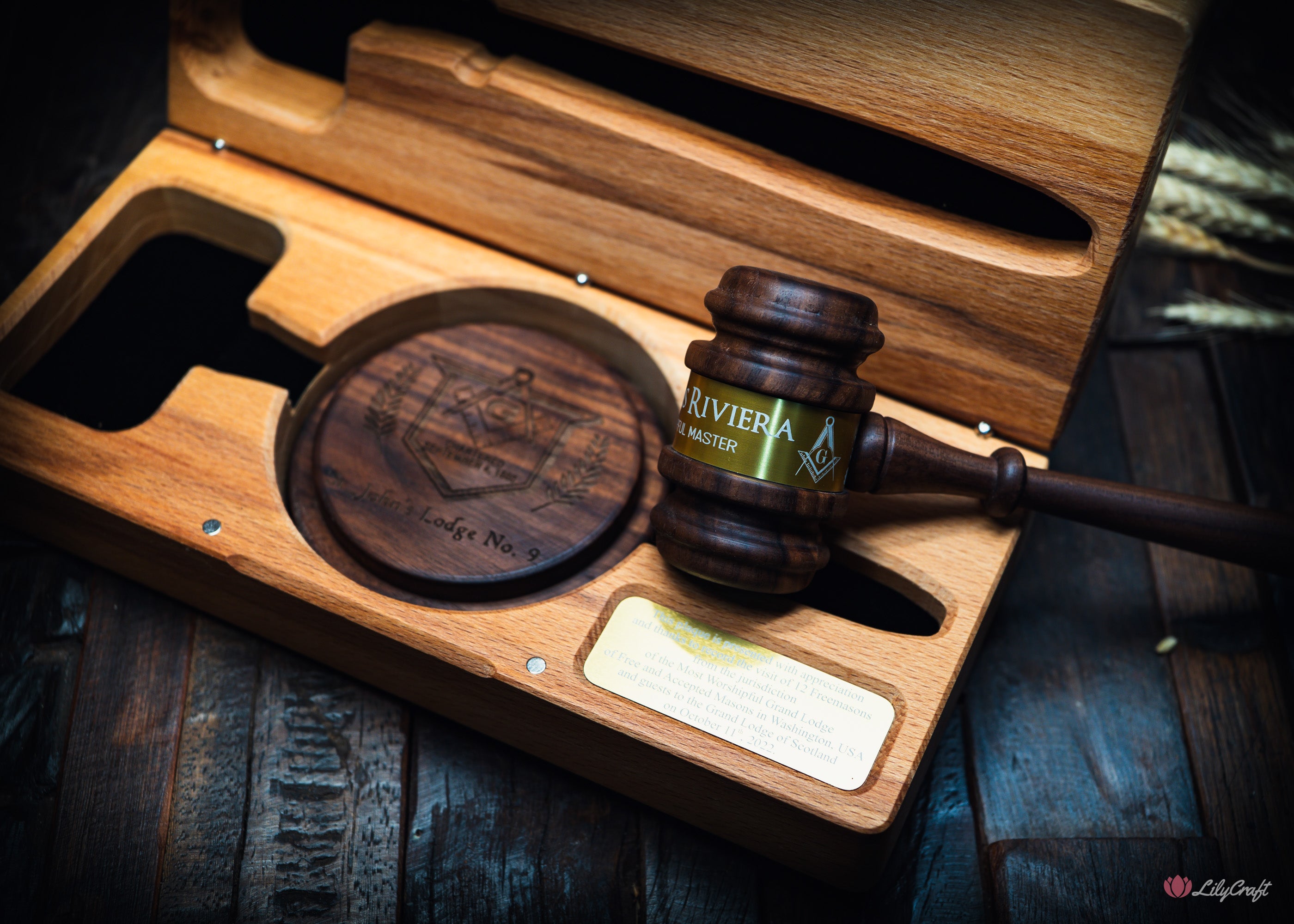 Wooden gavel with engraved Masonic symbol and matching box