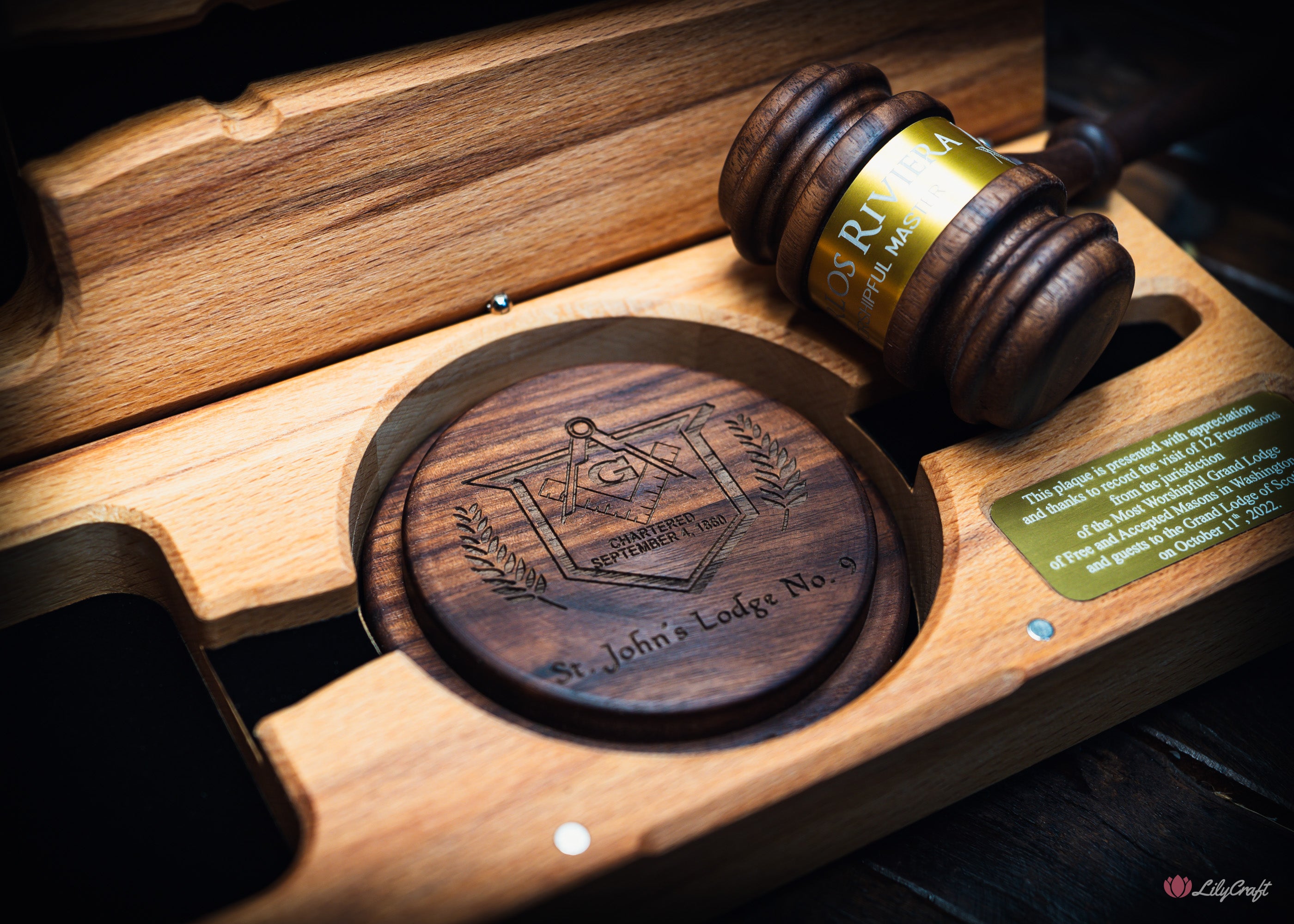 Engraved wooden gavel and block set for Masonic ceremonies