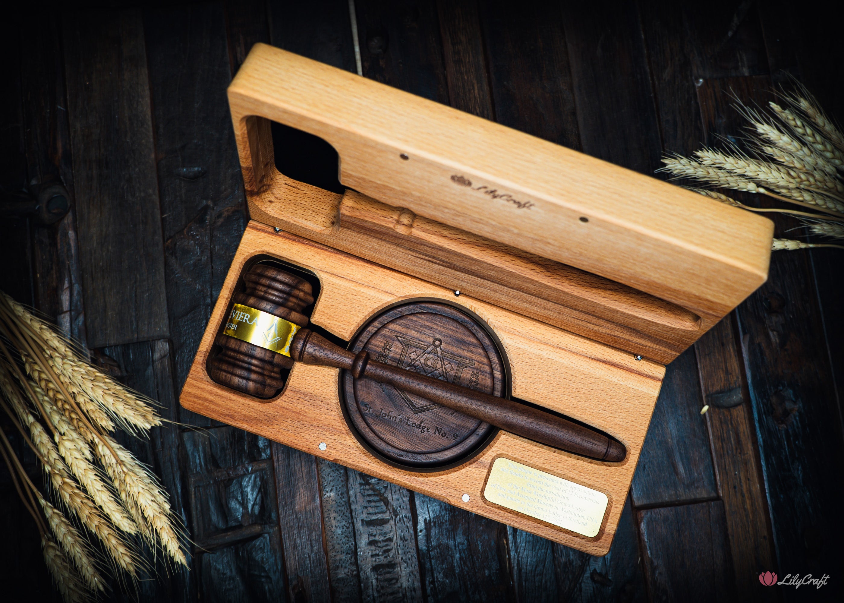 Masonic wooden gavel with engraved gift case