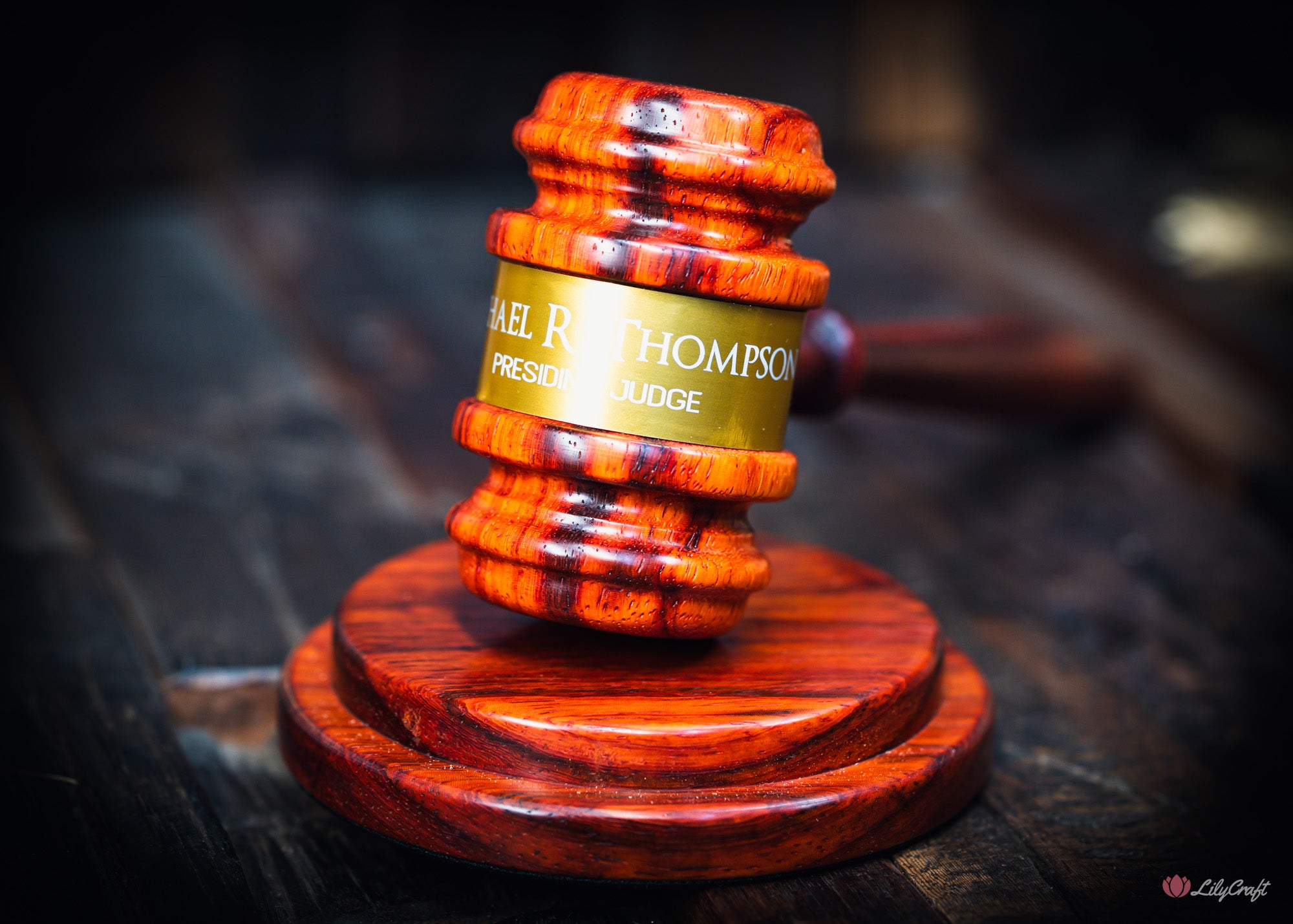 bright red wooden gavel and sound block