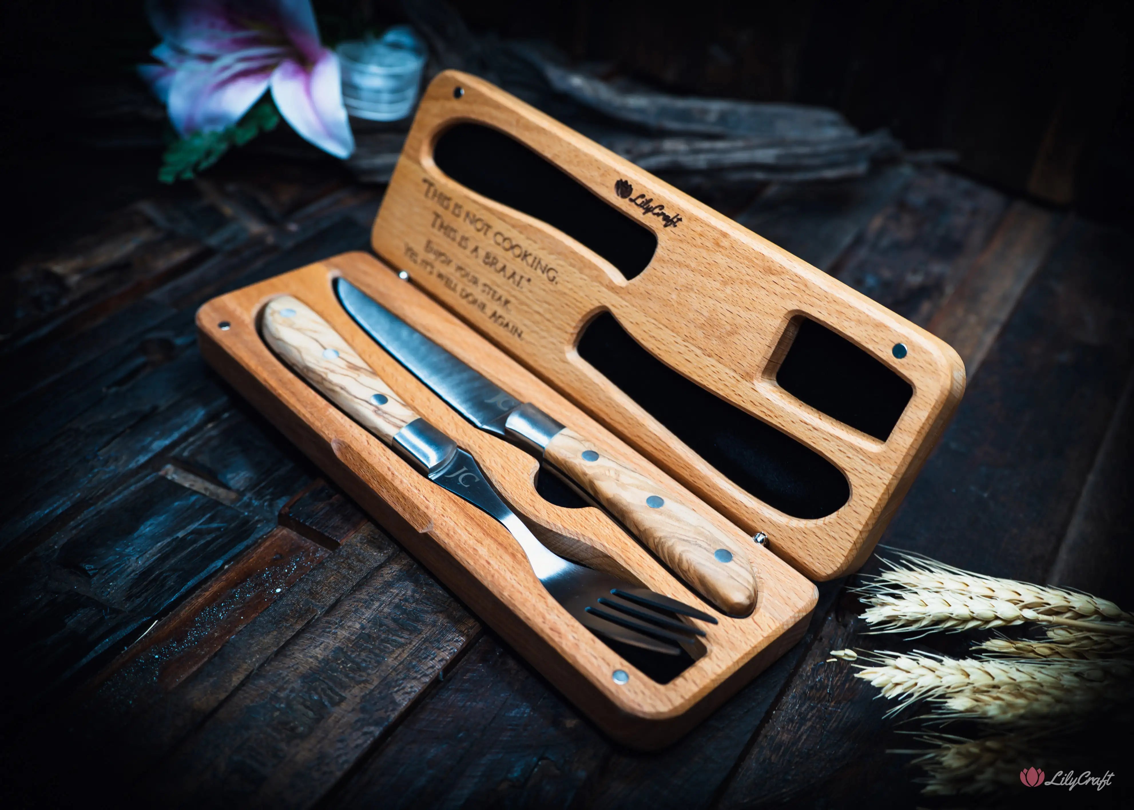 steak knife and fork with engraved wooden box