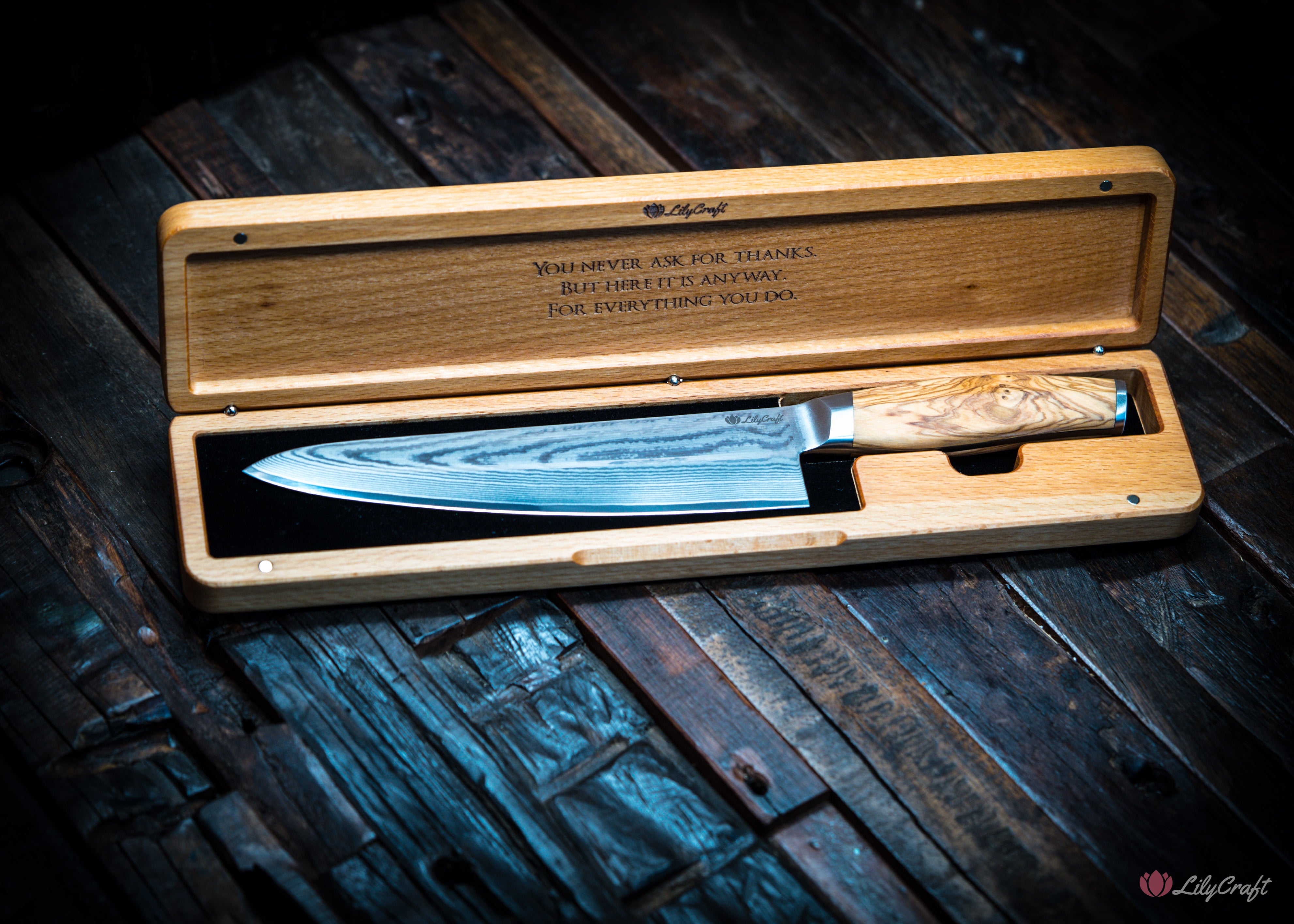 Custom engraved chef knife in wooden gift box