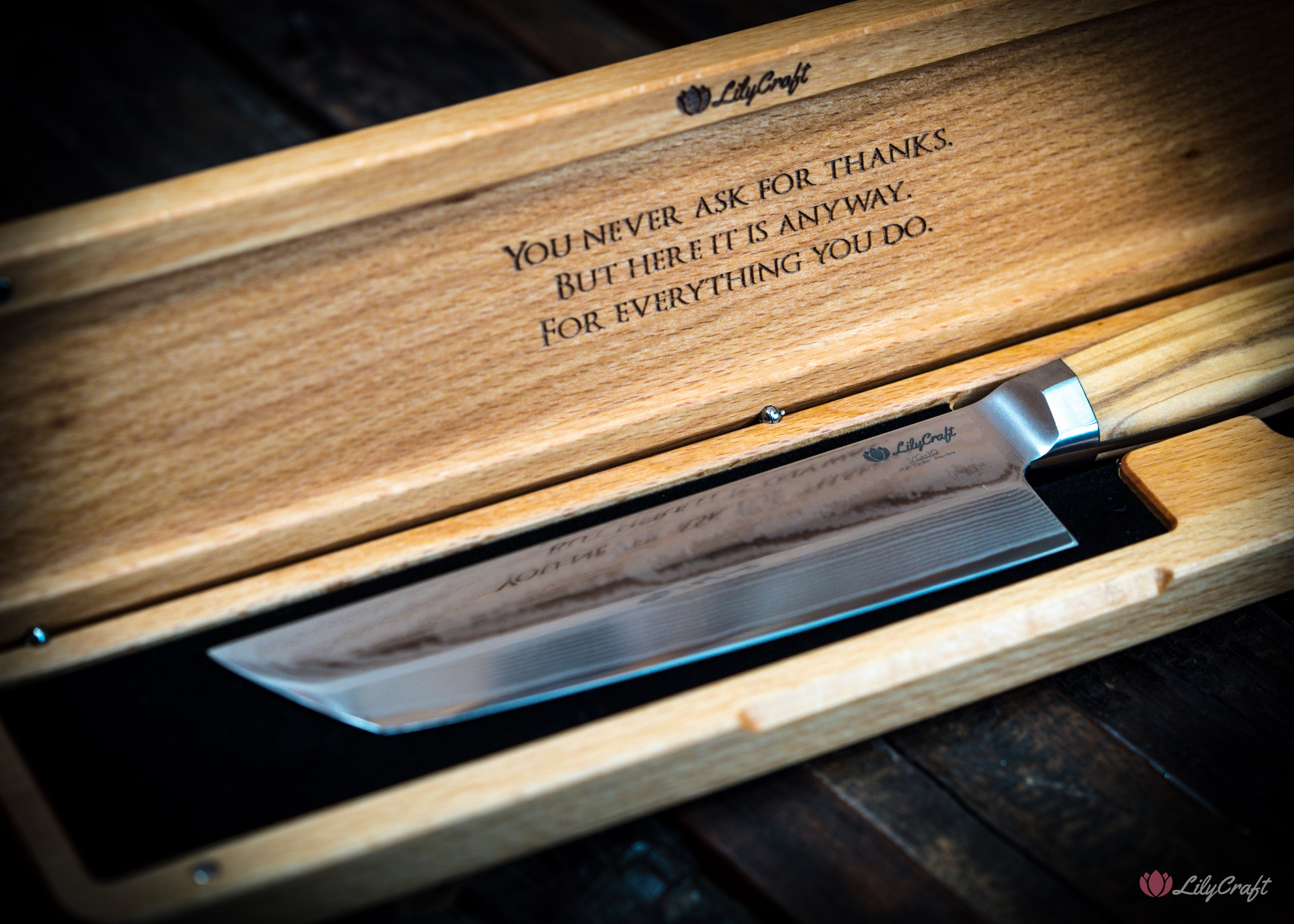 Custom engraved Japanese knife for slicing vegetables