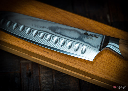 Santoku style chef knife with personalised wood grip