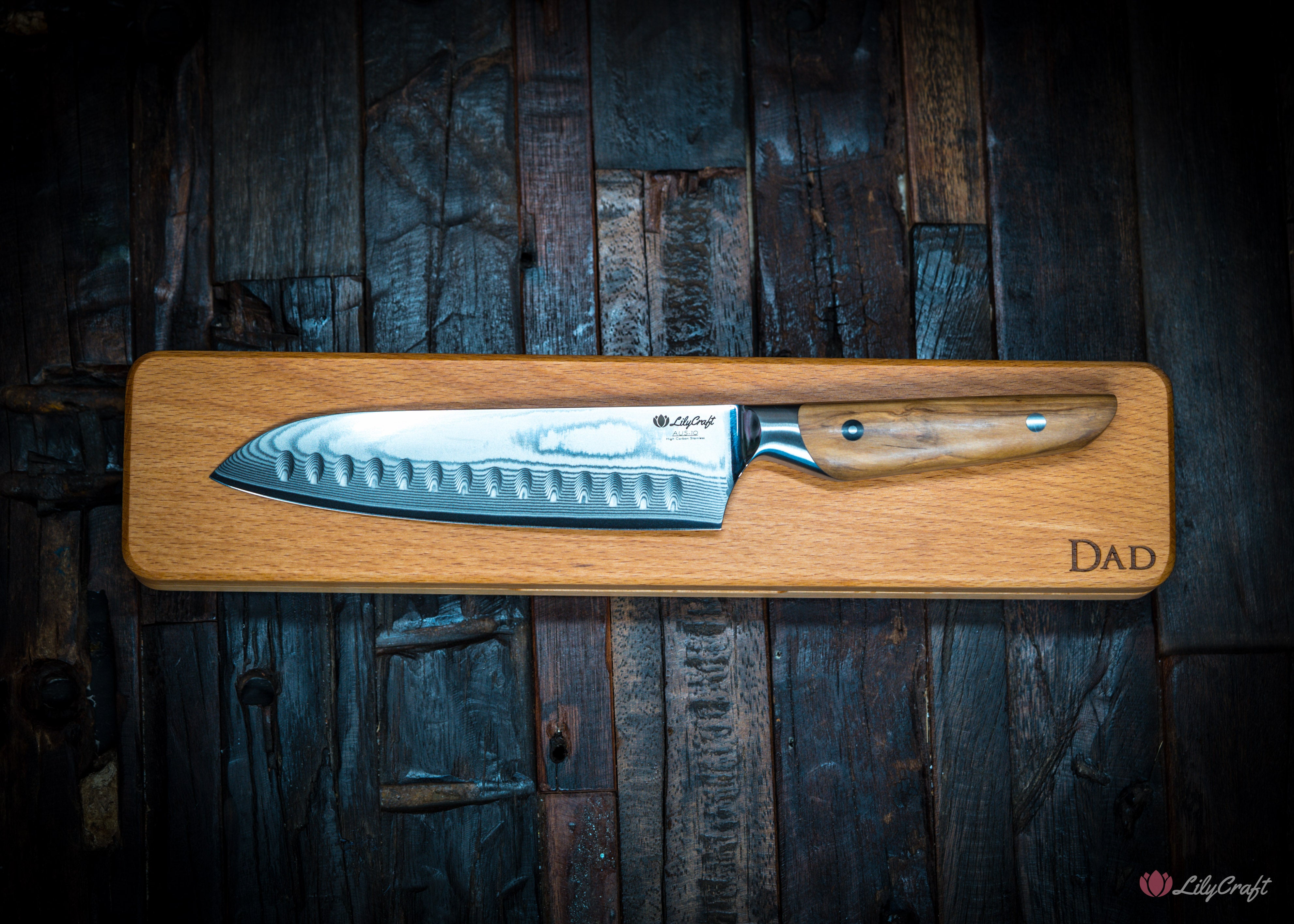 Custom engraved Santoku knife in wooden gift box