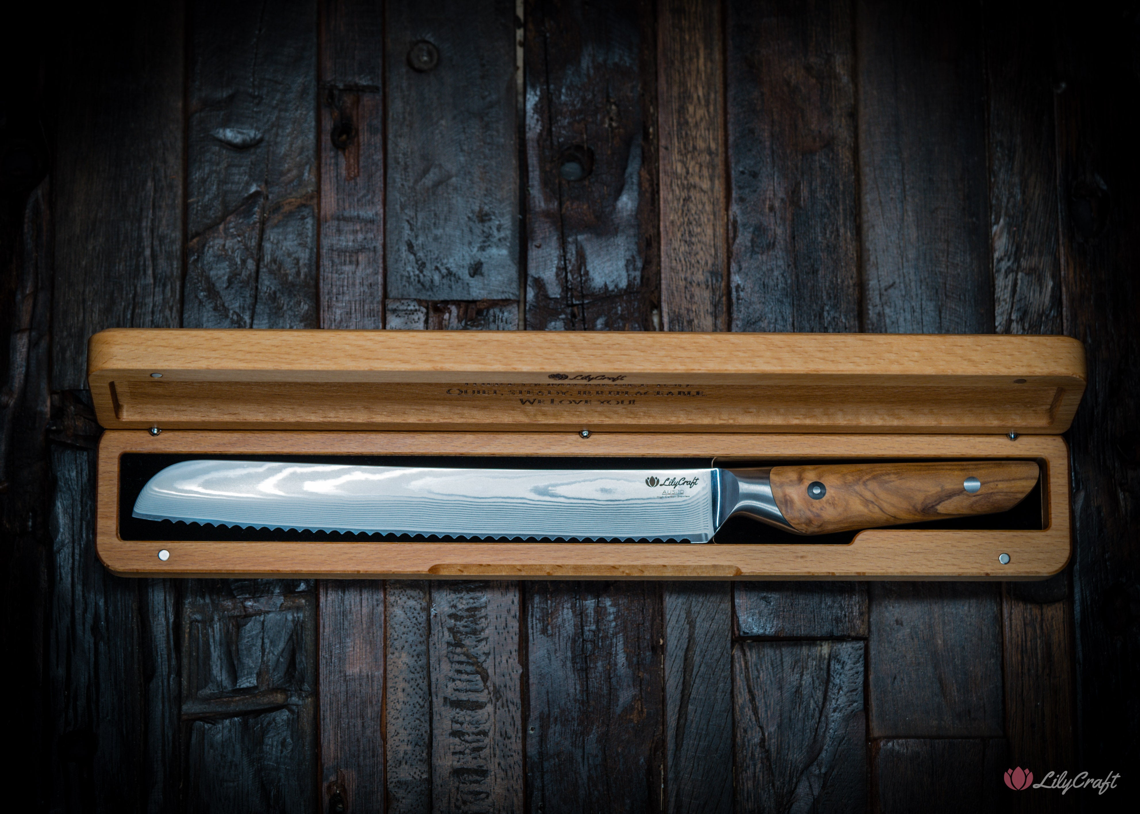 Custom engraved bread knife with olive wood handle