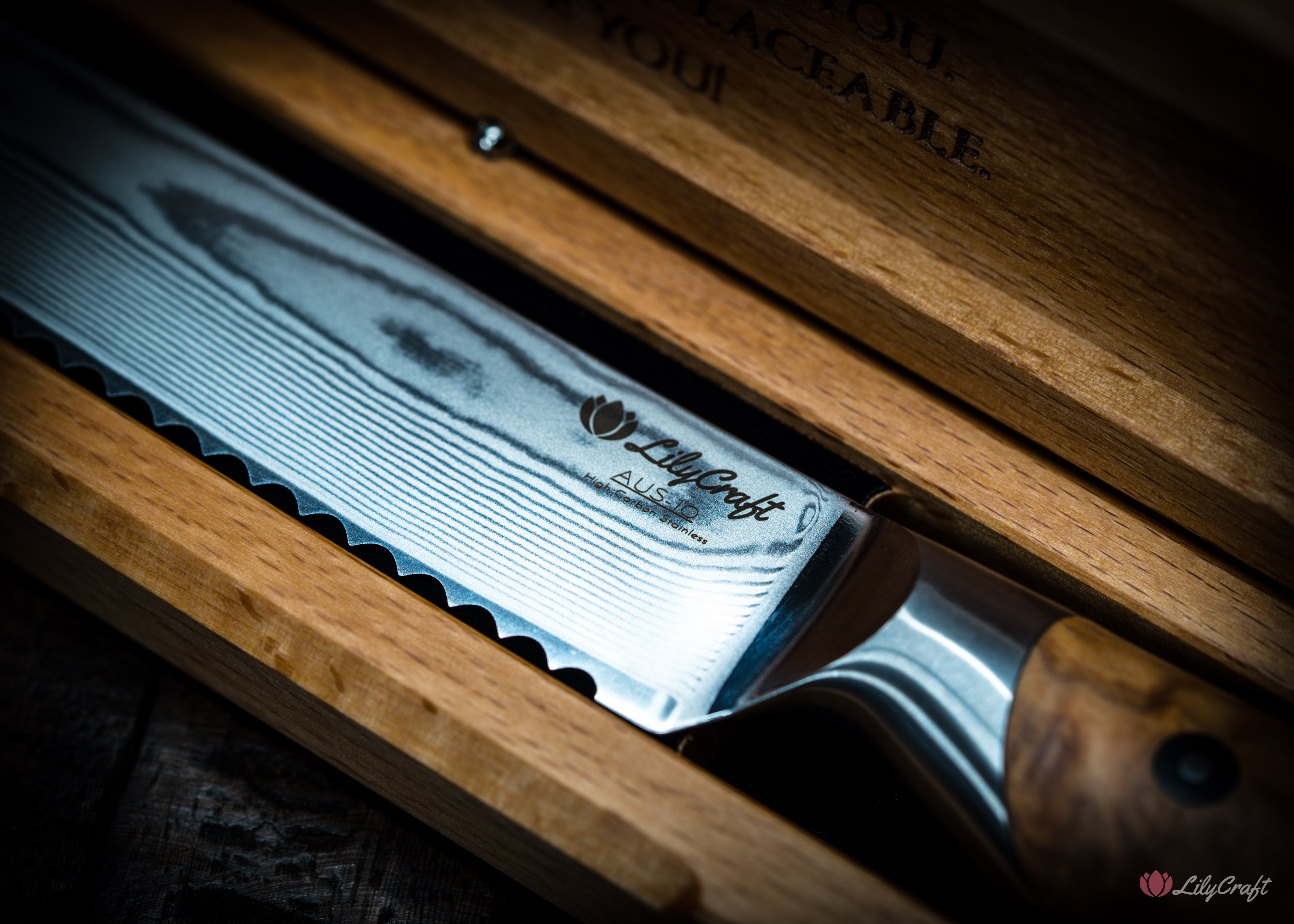 Artisan bread cutting knife with engraved gift box