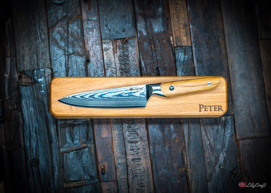 Engraved olive wood knife with Japanese Damascus blade