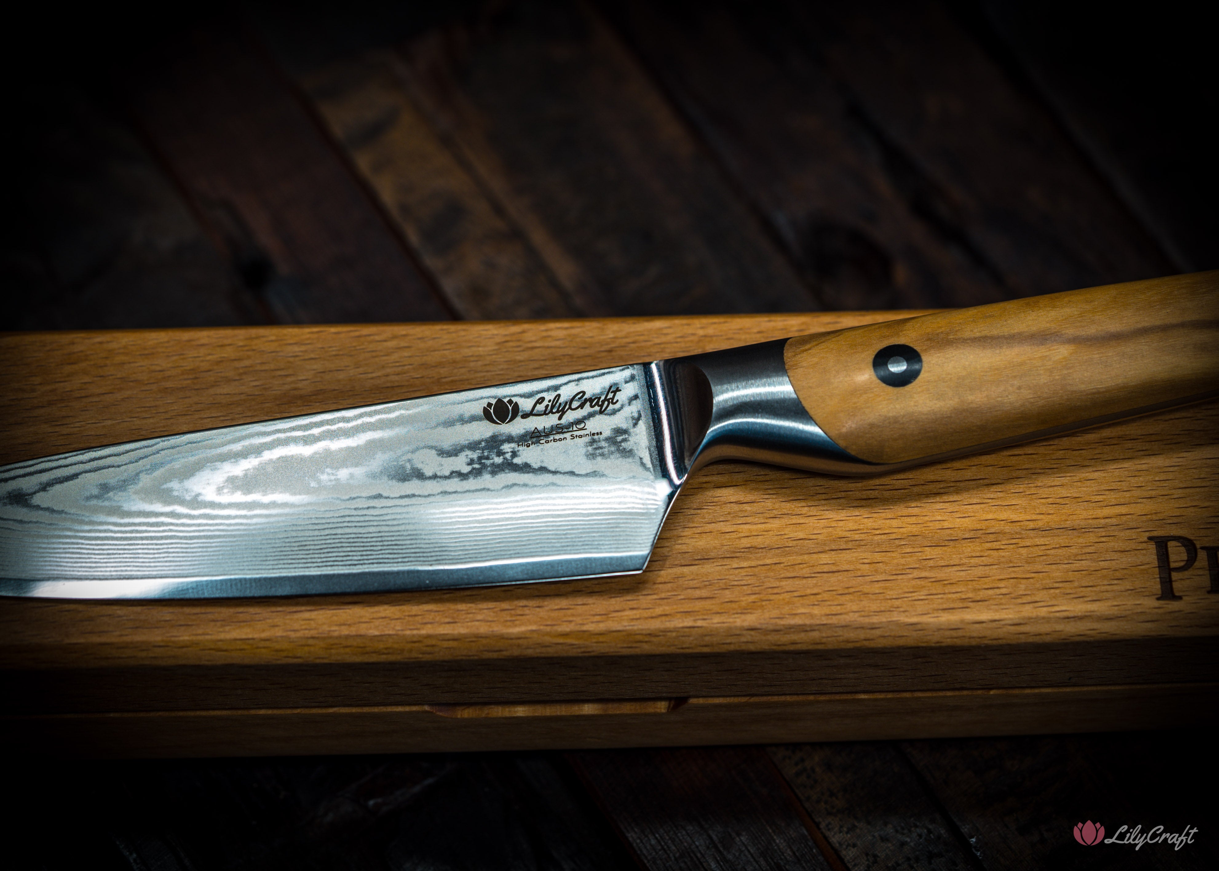 Japanese steel knife gift with personalised wood handle