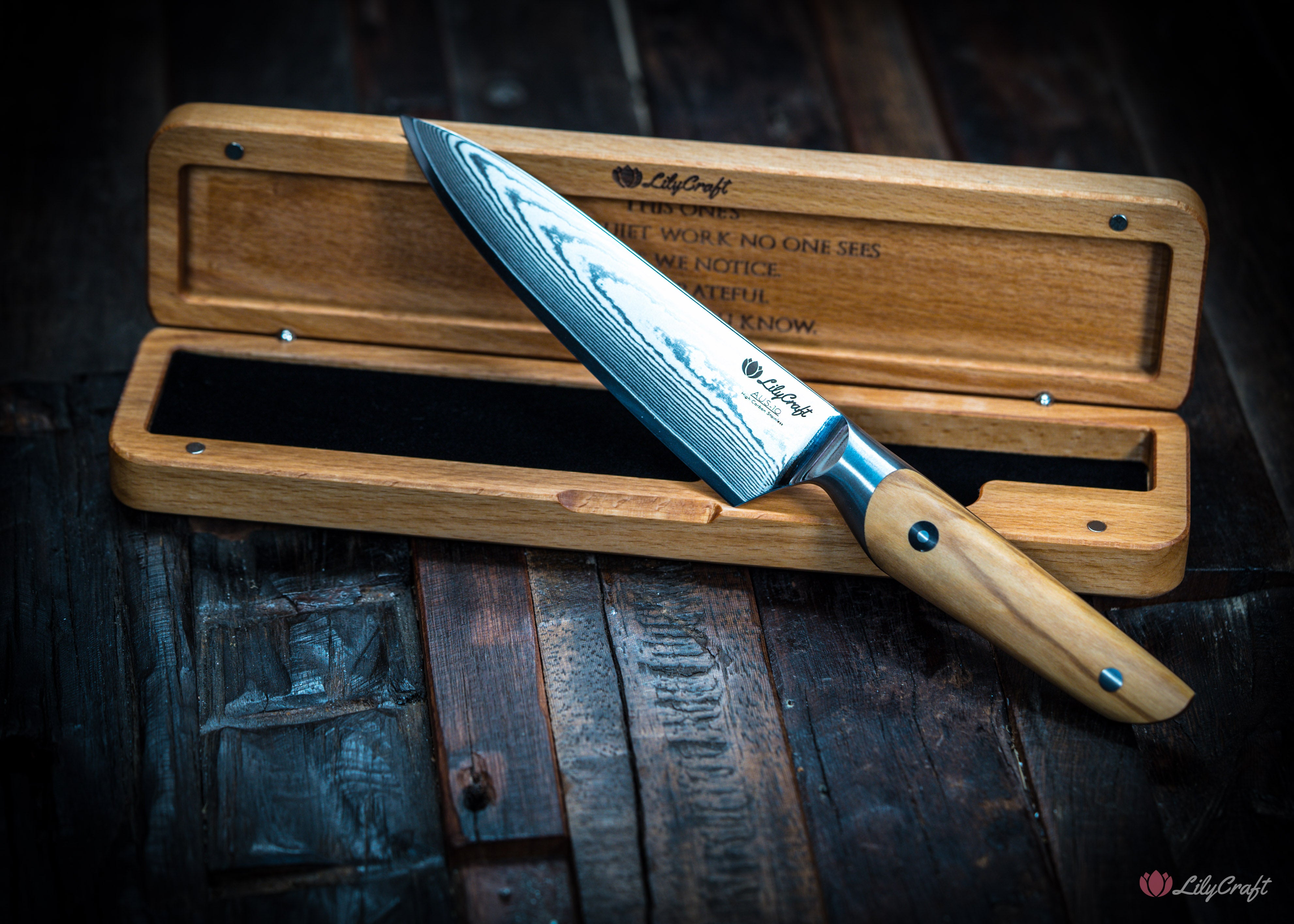 Small Damascus kitchen knife with olive wood handle