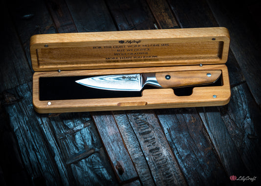 Custom small kitchen knife in engraved timber box