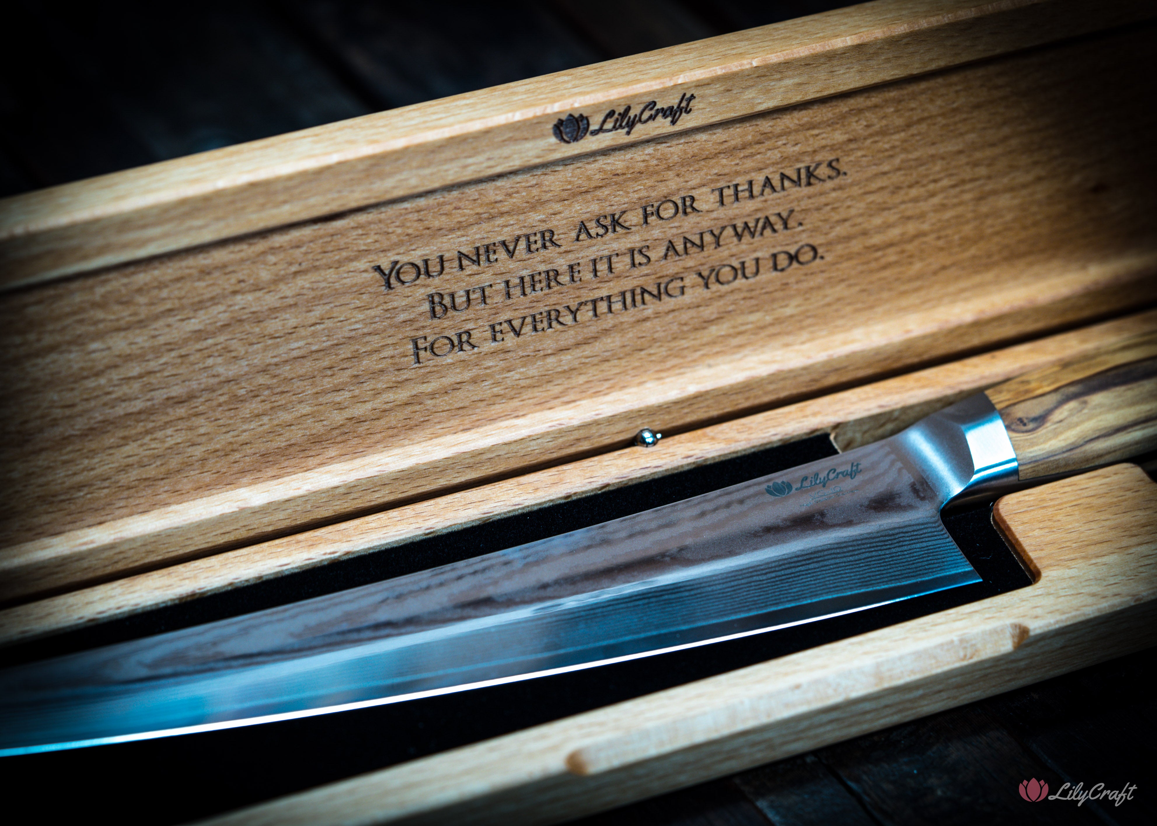 Damascus carving knife with olive wood handle for him