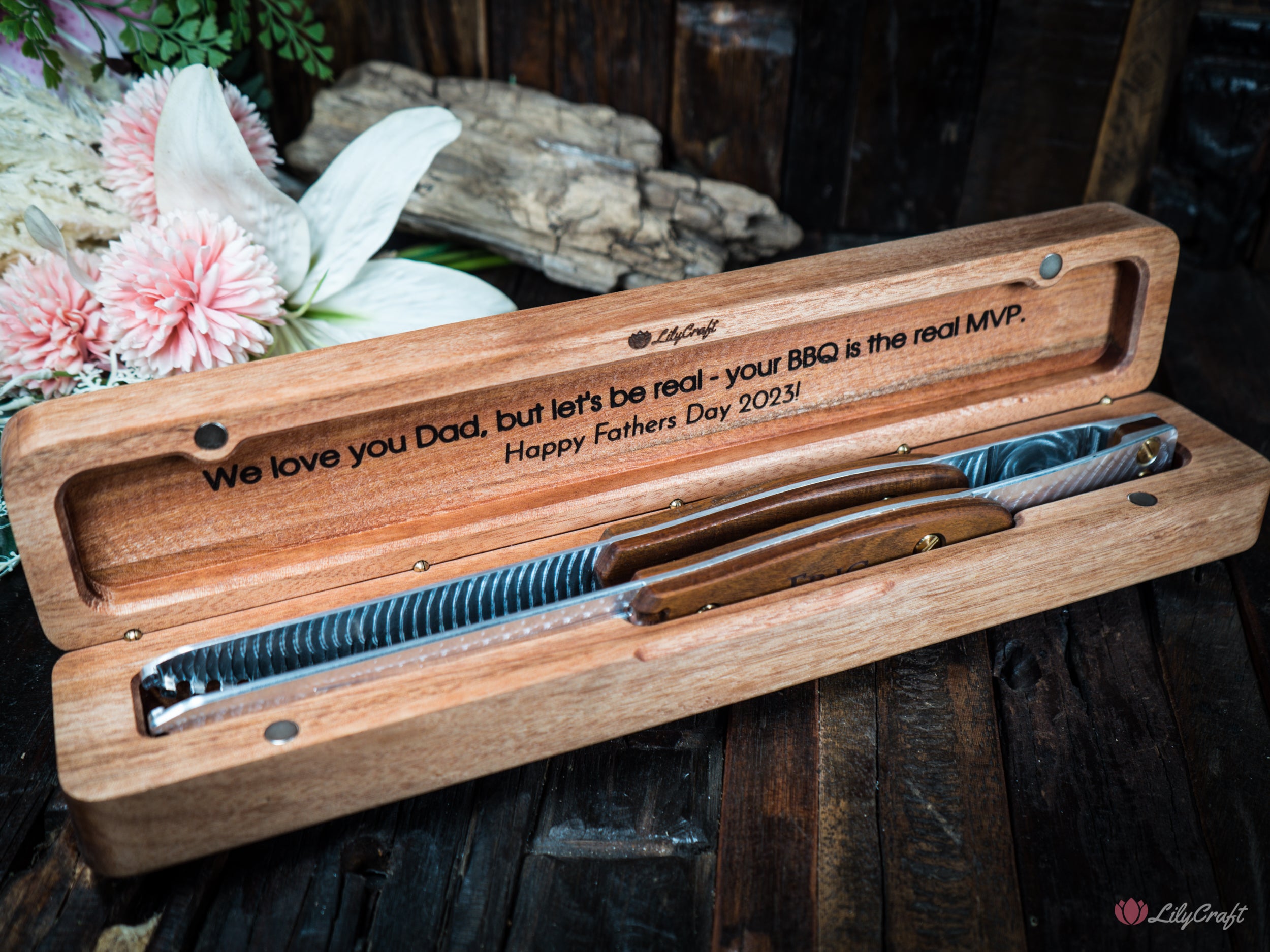 Unique grilling set for Dad - custom engraved BBQ tongs with gift case.