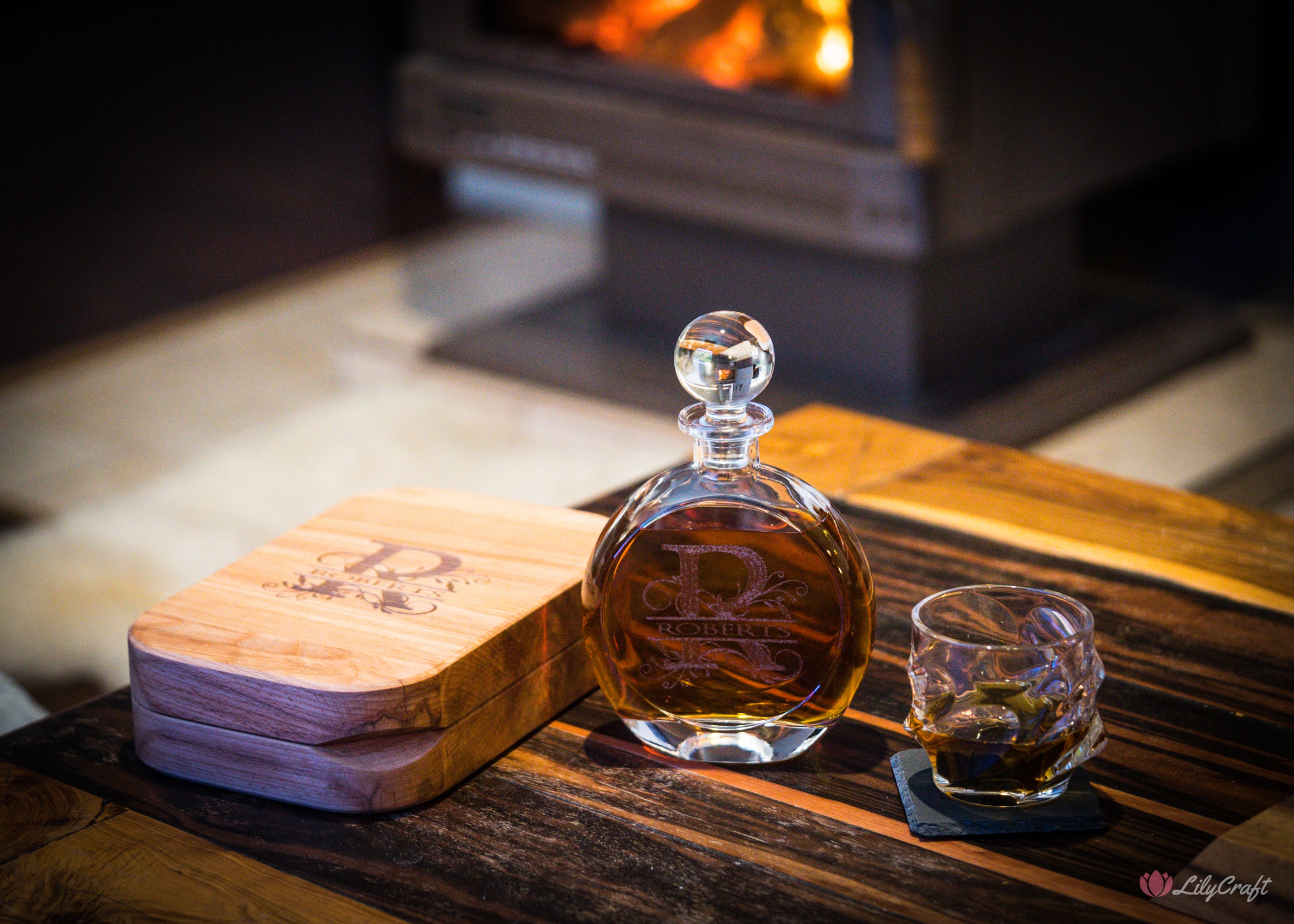 Personalized whiskey pitcher with luxury wooden gift box.