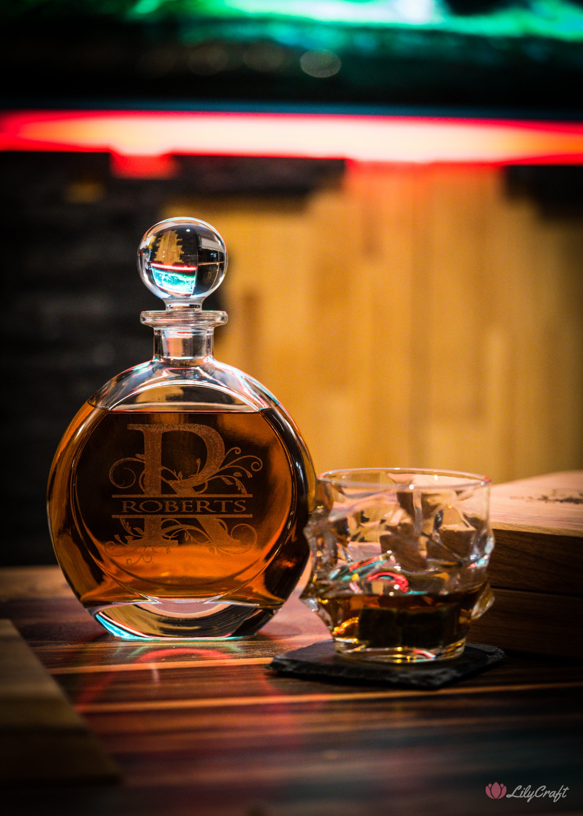 Premium glass whiskey decanter with personalized wooden gift box.