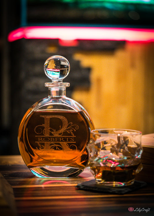 Personalized glass liquor carafe with custom luxury wooden gift box.