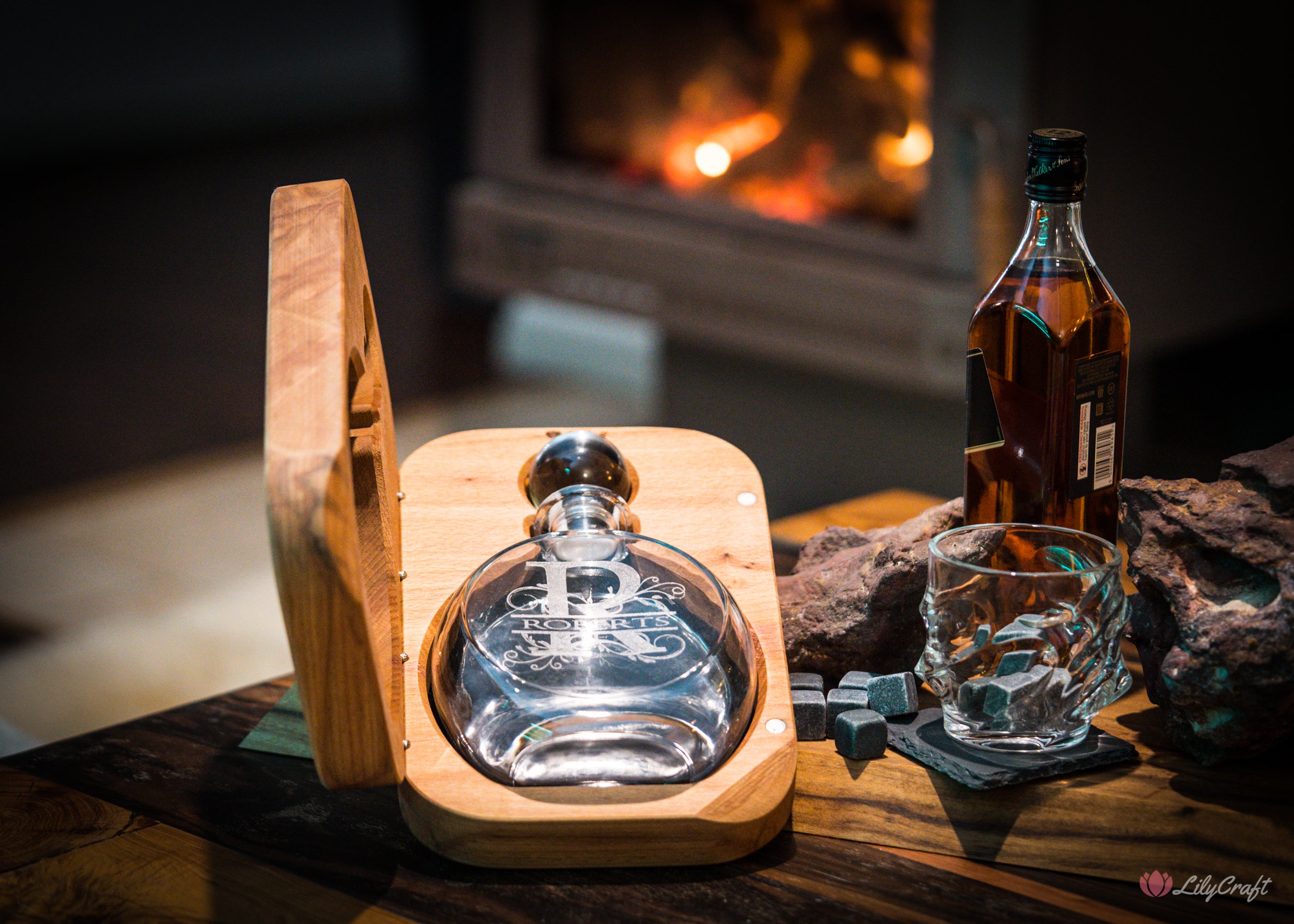 Custom-engraved whiskey decanter set with luxury wooden packaging.