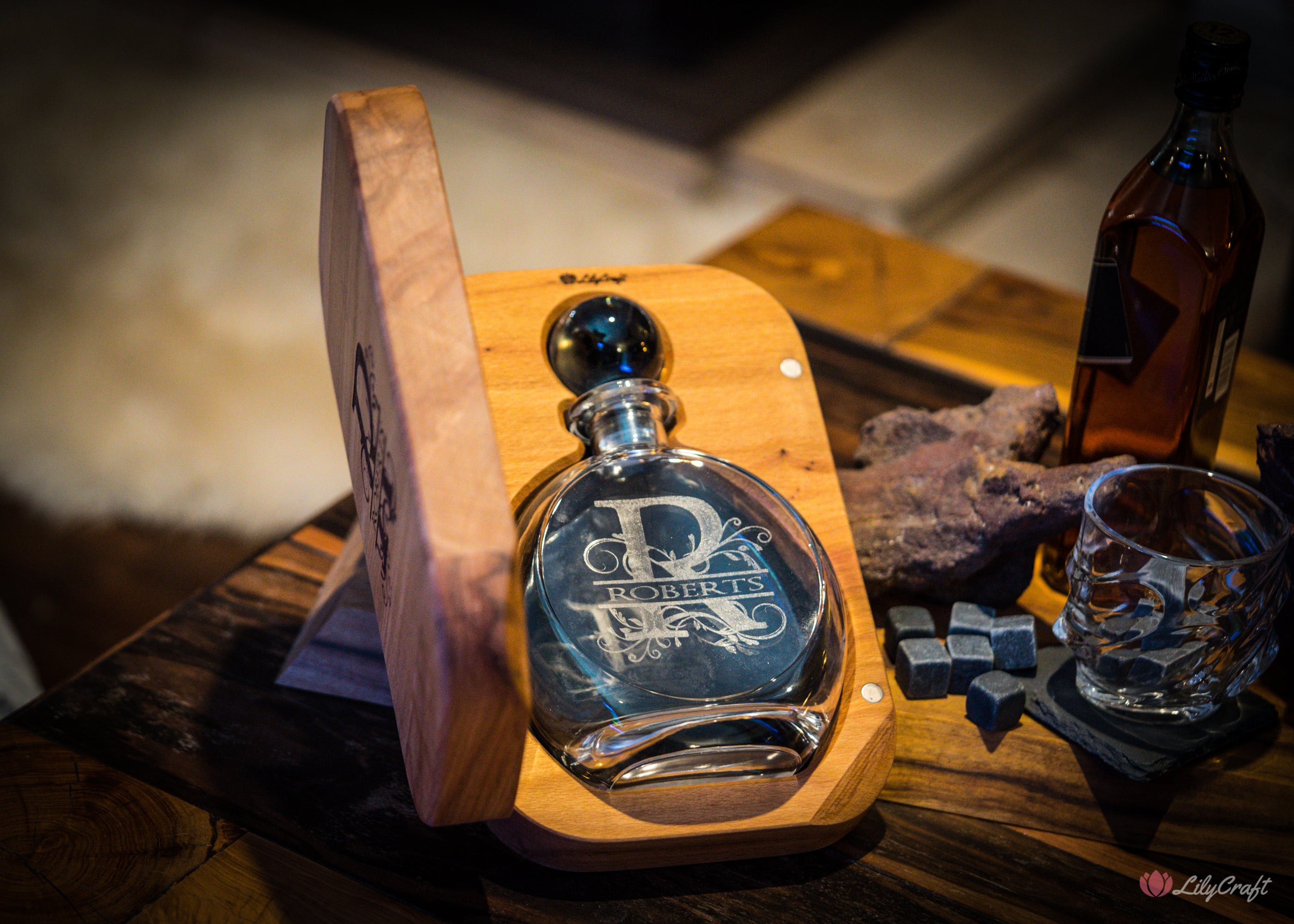 Personalized whiskey vessel with luxury wooden gift case.