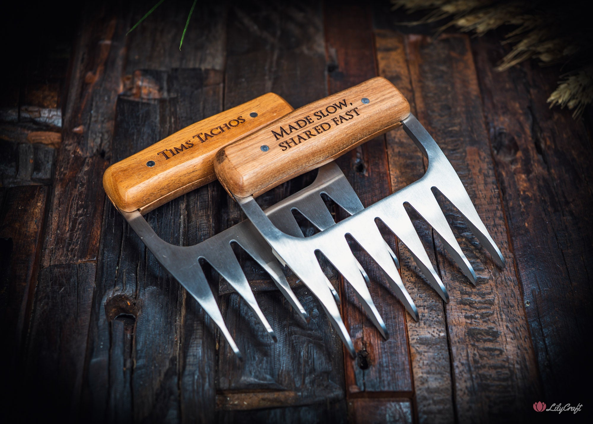 pulling smoked beef brisket using stainless bear claws