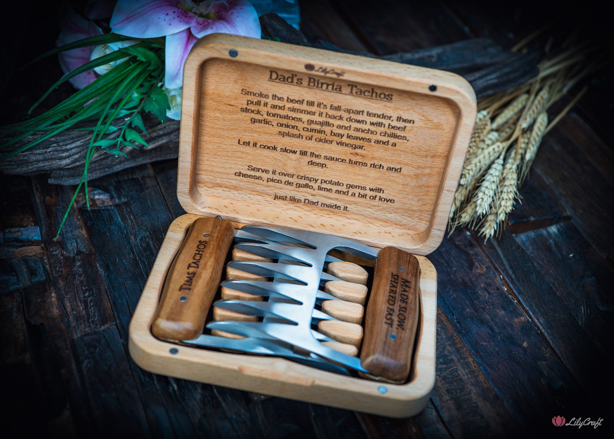 engraved bear claws in velvet lined beechwood gift box