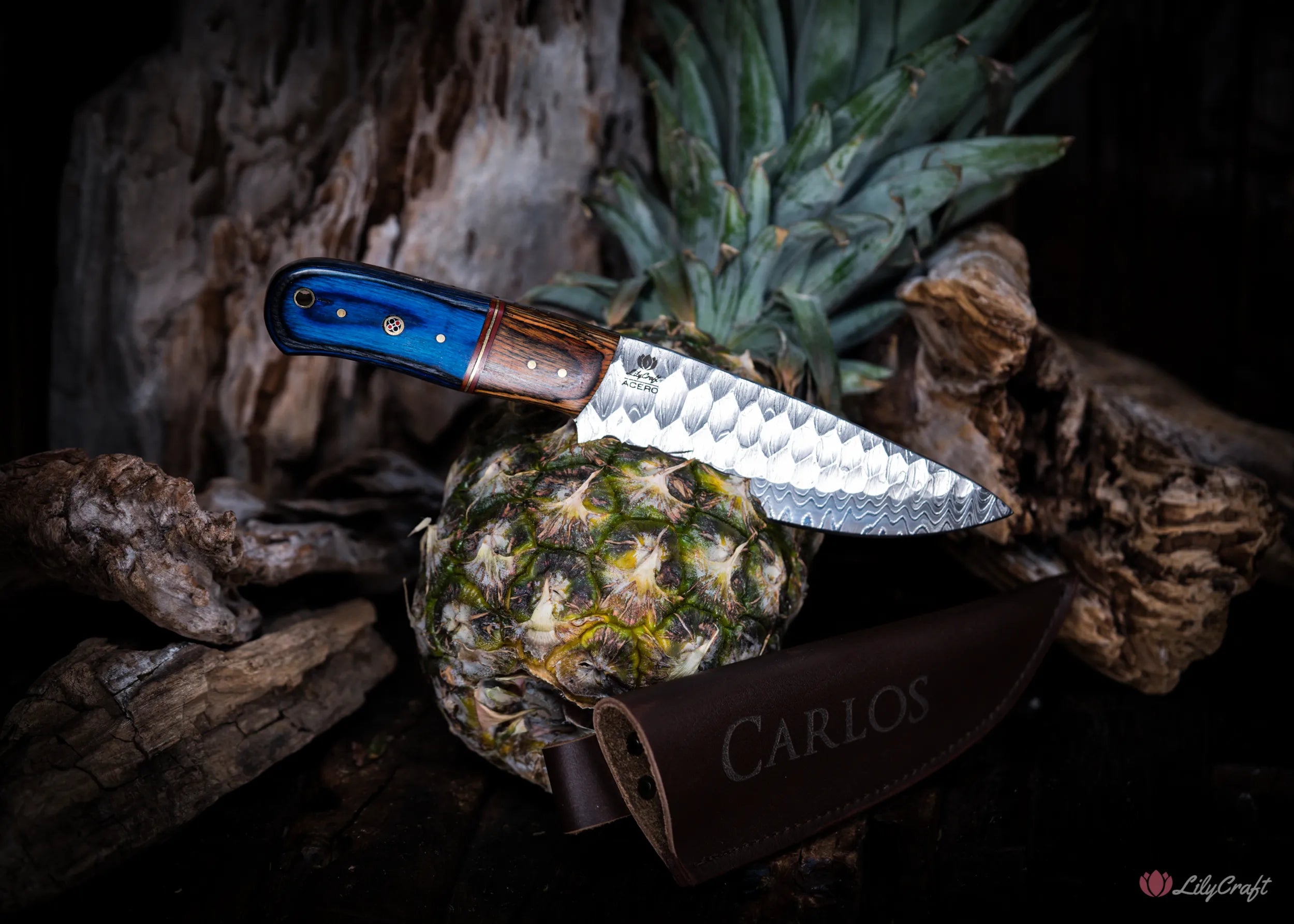 personalised damascus steel bushcraft cooking knife