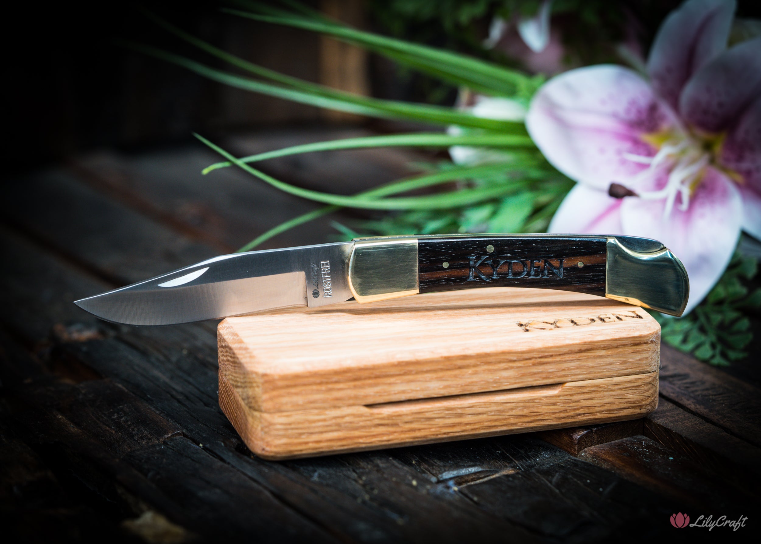 Collector's edition pocket knife with Macassar Ebony handle and custom engraving.