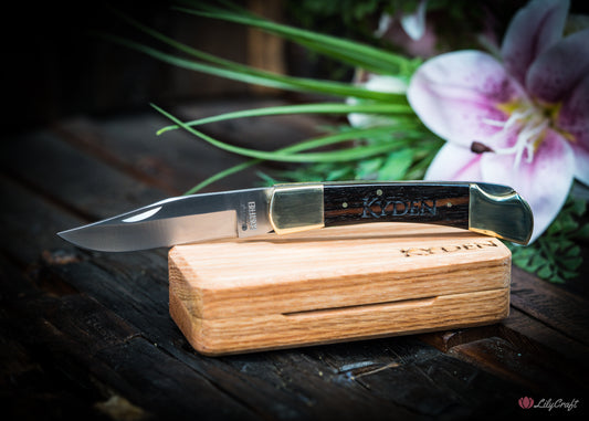 Collector's edition pocket knife with Macassar Ebony handle and custom engraving.