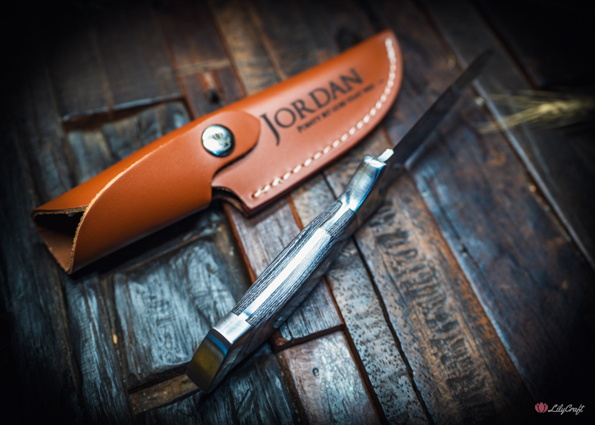 engraved knife for dad with damascus etched blade